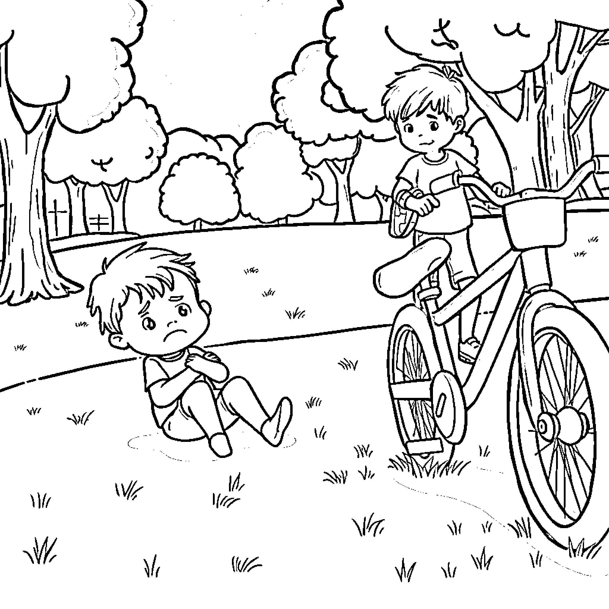 Child exploring nature on bicycle in park Coloring Page (free black-and-white line drawing printable PDF for all, from beginners to advanced learners, including children, teens, adults, and seniors)