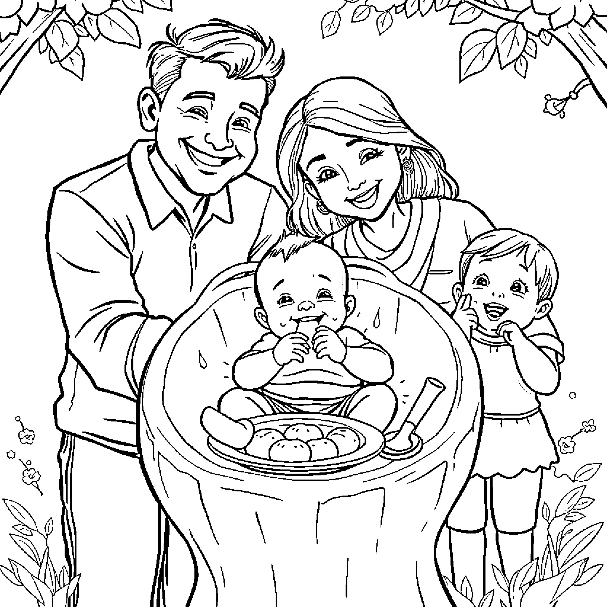 Bebe Family Enjoying a Picnic Outdoors Coloring Page (free black-and-white line drawing printable PDF for all, from beginners to advanced learners, including children, teens, adults, and seniors)