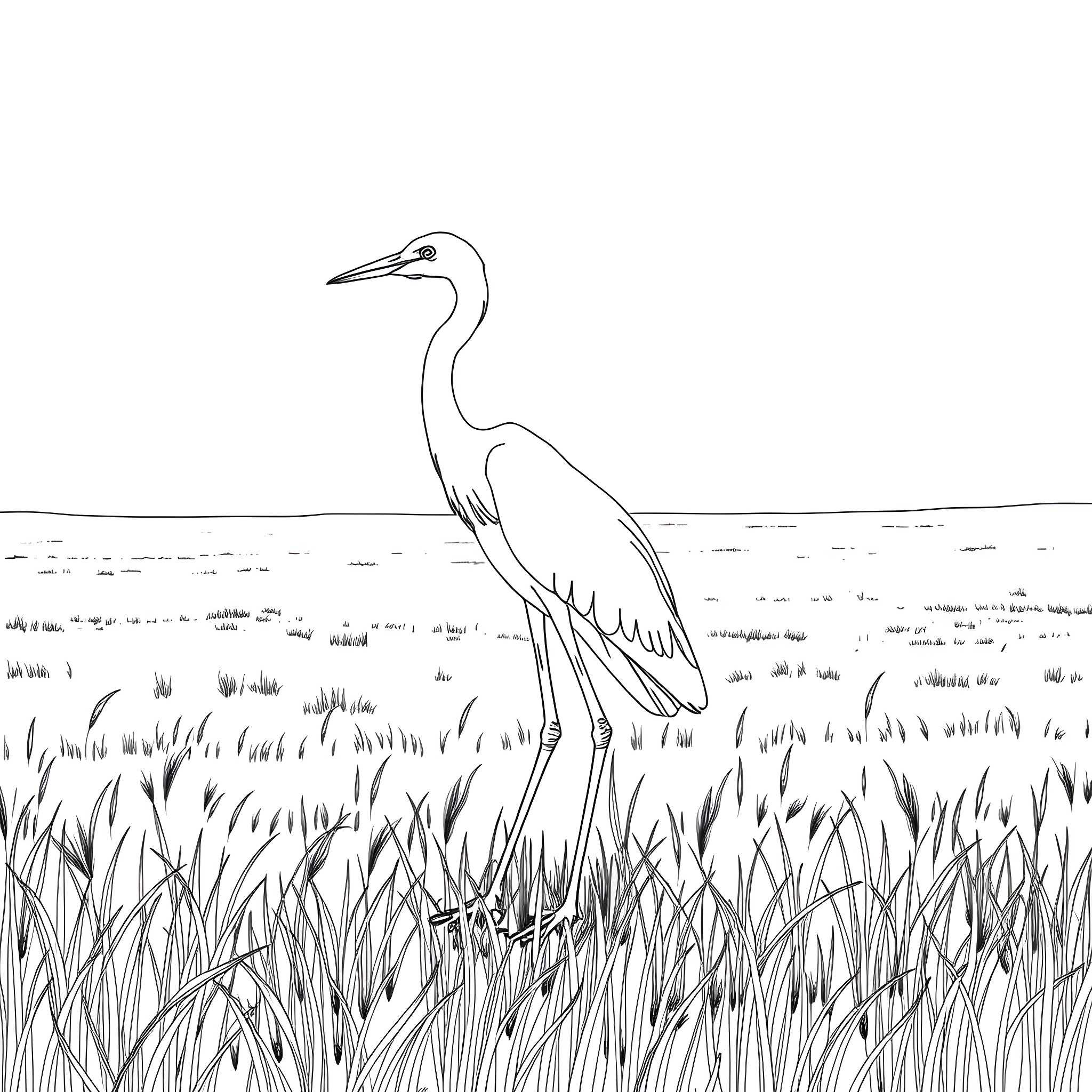 Heron standing tall in a grassy field Coloring Page (free black-and-white line drawing printable PDF for all, from beginners to advanced learners, including children, teens, adults, and seniors)