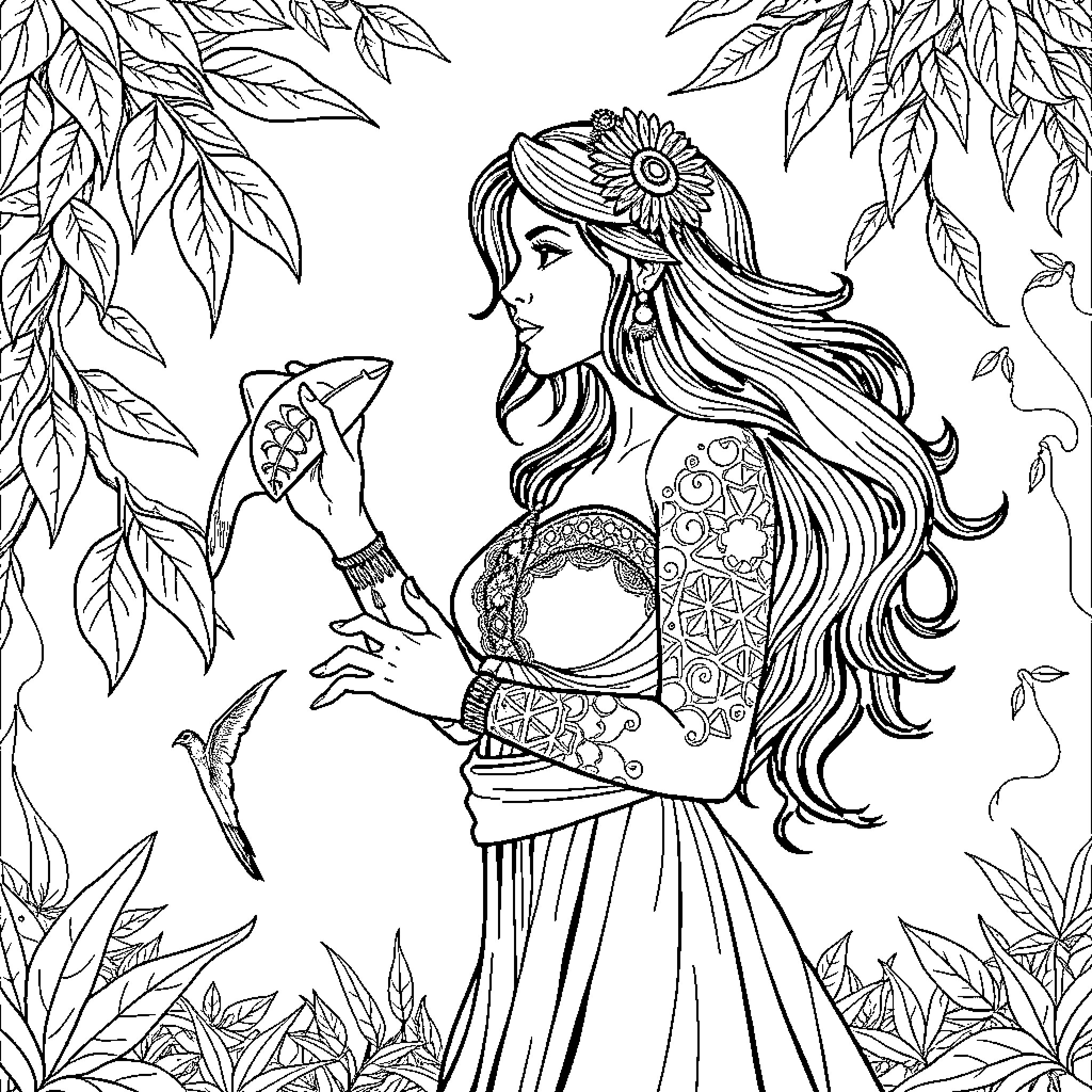 Woman in ornate dress amidst nature Coloring Page (free black-and-white line drawing printable PDF for all, from beginners to advanced learners, including children, teens, adults, and seniors)