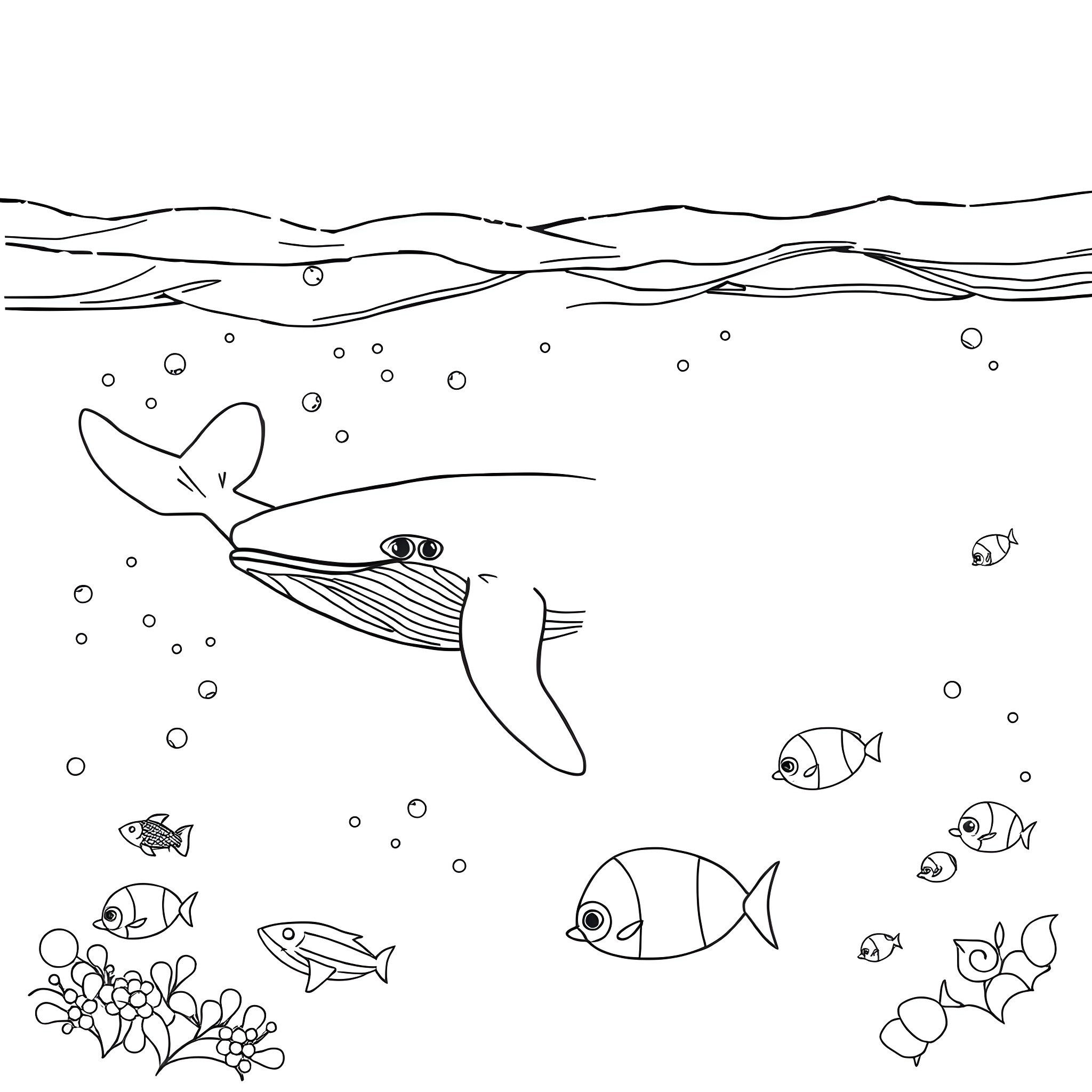 Whale swimming among colorful marine life Coloring Page (free black-and-white line drawing printable PDF for all, from beginners to advanced learners, including children, teens, adults, and seniors)