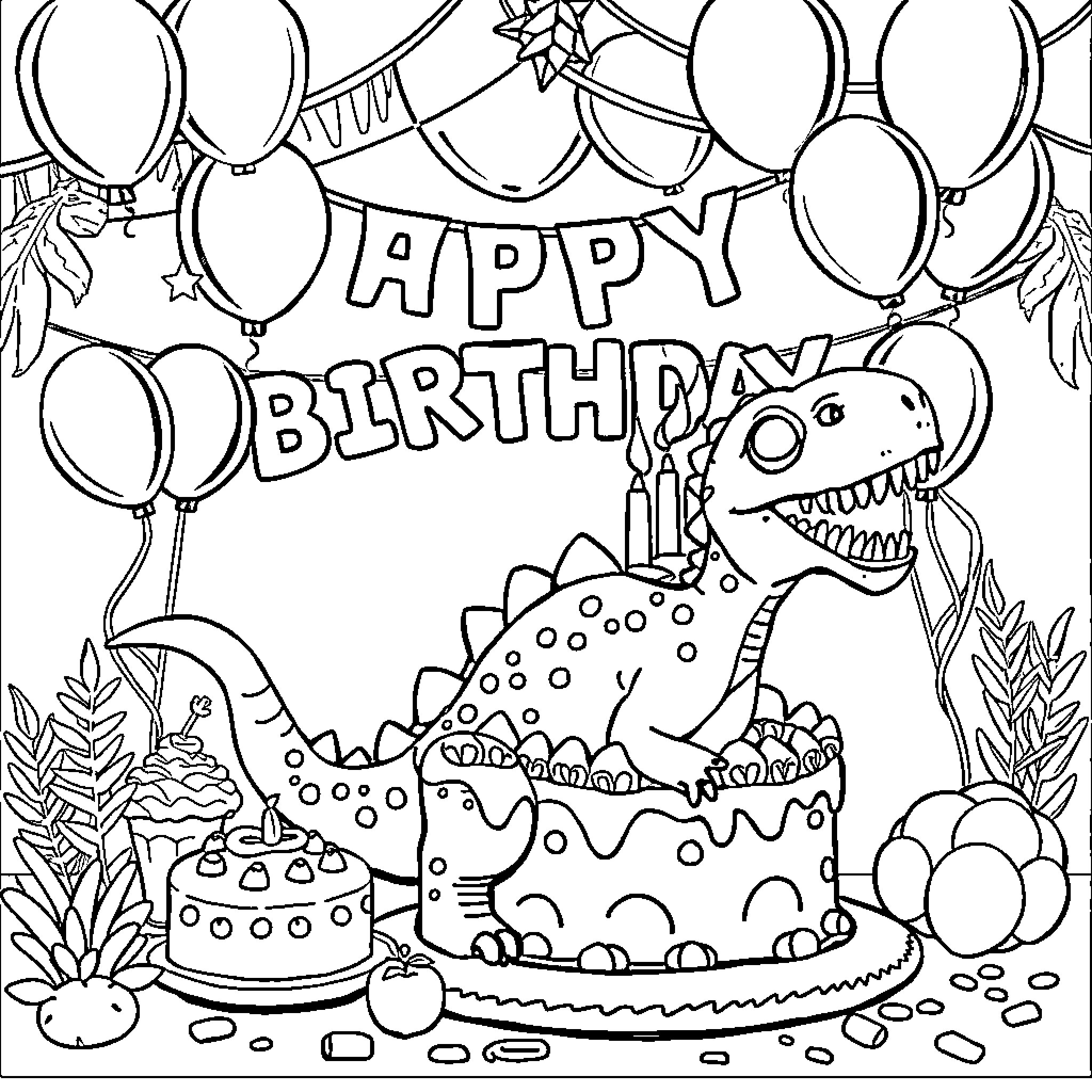 Dinosaur celebrates happy birthday with cake and balloons Coloring Page (free black-and-white line drawing printable PDF for all, from beginners to advanced learners, including children, teens, adults, and seniors)