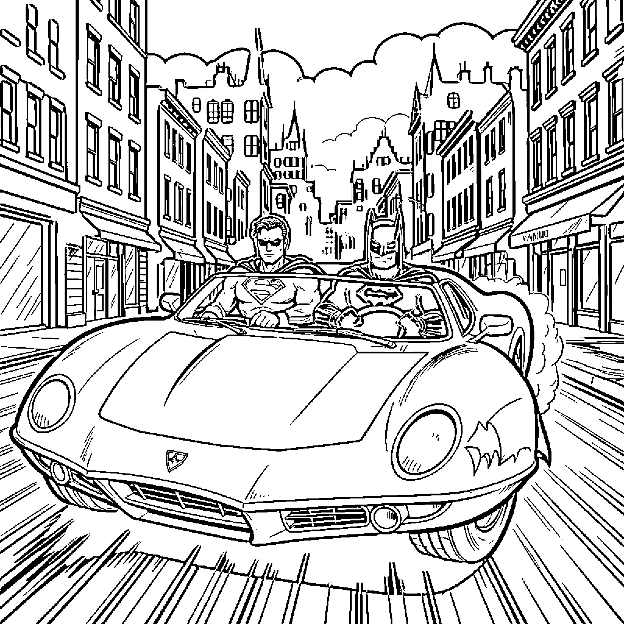 Batman and Superman driving through the city Coloring Page (free black-and-white line drawing printable PDF for all, from beginners to advanced learners, including children, teens, adults, and seniors)