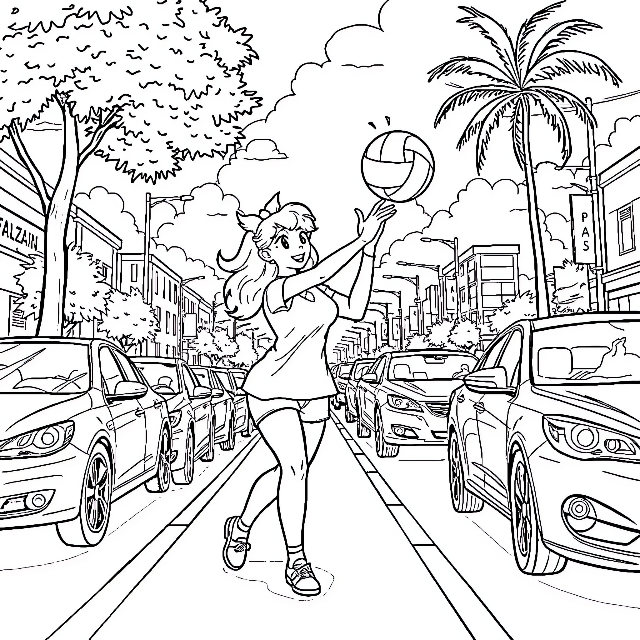 Peach playing volleyball on a tropical city street Coloring Page (free black-and-white line drawing printable PDF for all, from beginners to advanced learners, including children, teens, adults, and seniors)