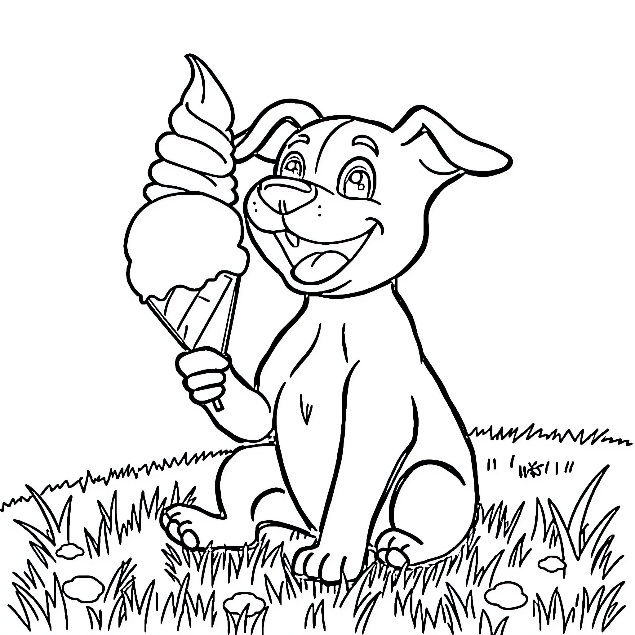 Dog enjoying an ice cream cone in the grass Coloring Page (free black-and-white line drawing printable PDF for all, from beginners to advanced learners, including children, teens, adults, and seniors)