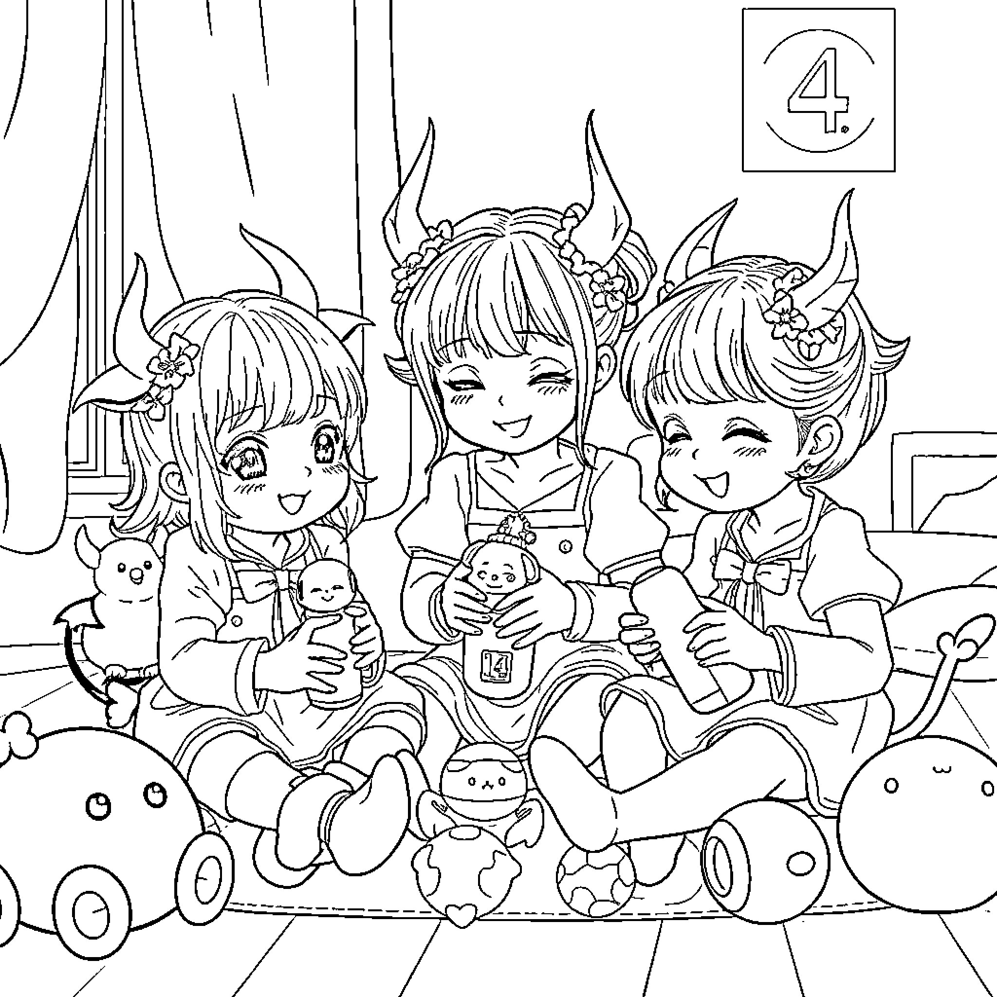 Baby girls playing with stuffed toys happily Coloring Page (free black-and-white line drawing printable PDF for all, from beginners to advanced learners, including children, teens, adults, and seniors)