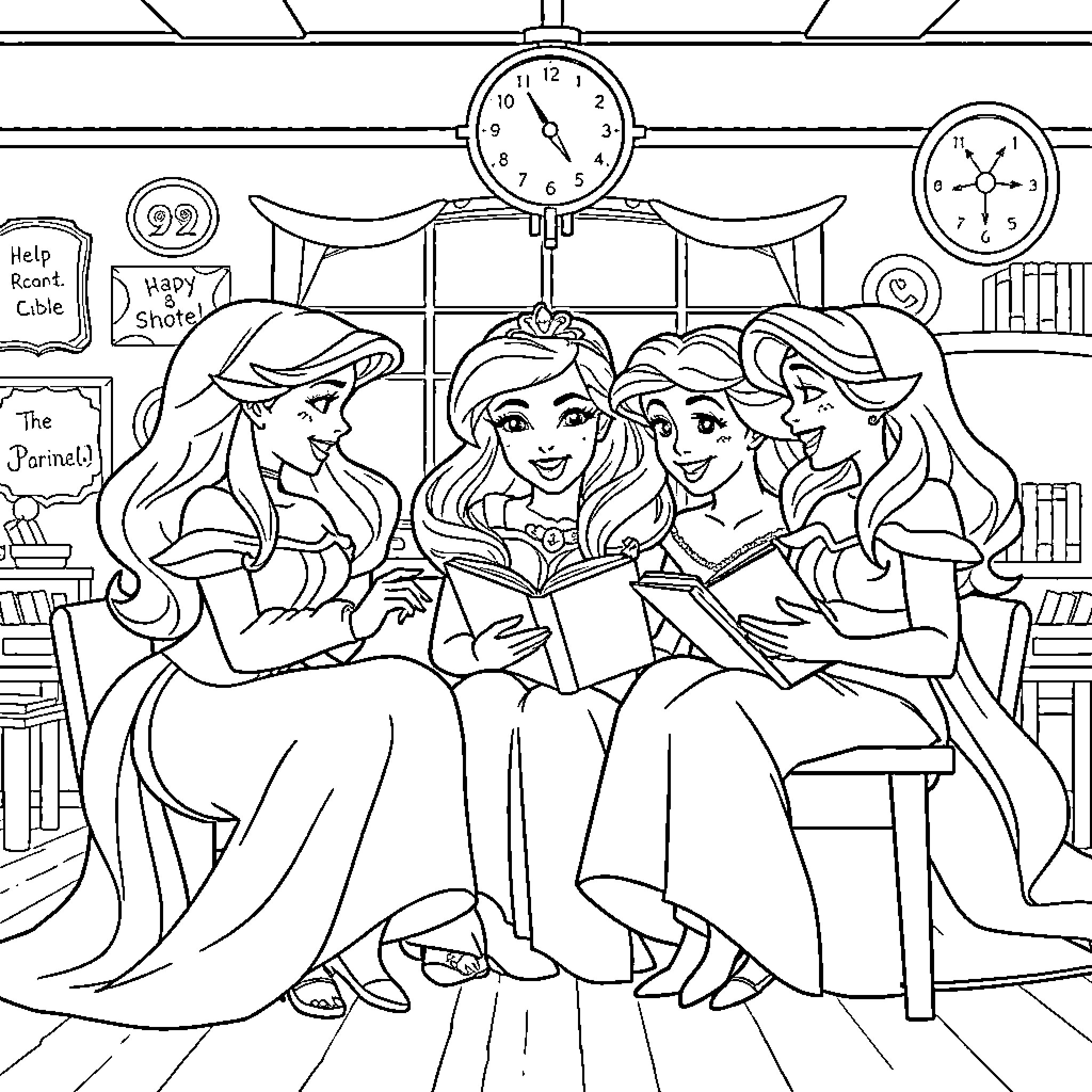 Disney Princess Book Club in the Library Coloring Page (free black-and-white line drawing printable PDF for all, from beginners to advanced learners, including children, teens, adults, and seniors)