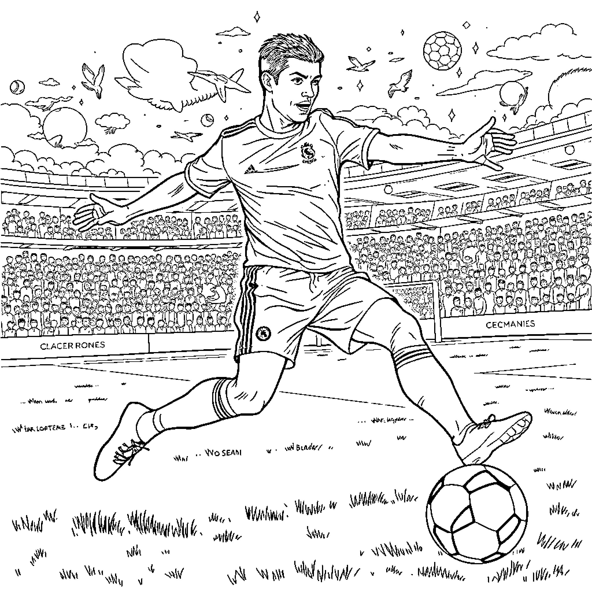 Cristiano Ronaldo showcasing his soccer skills on the field Coloring Page (free black-and-white line drawing printable PDF for all, from beginners to advanced learners, including children, teens, adults, and seniors)