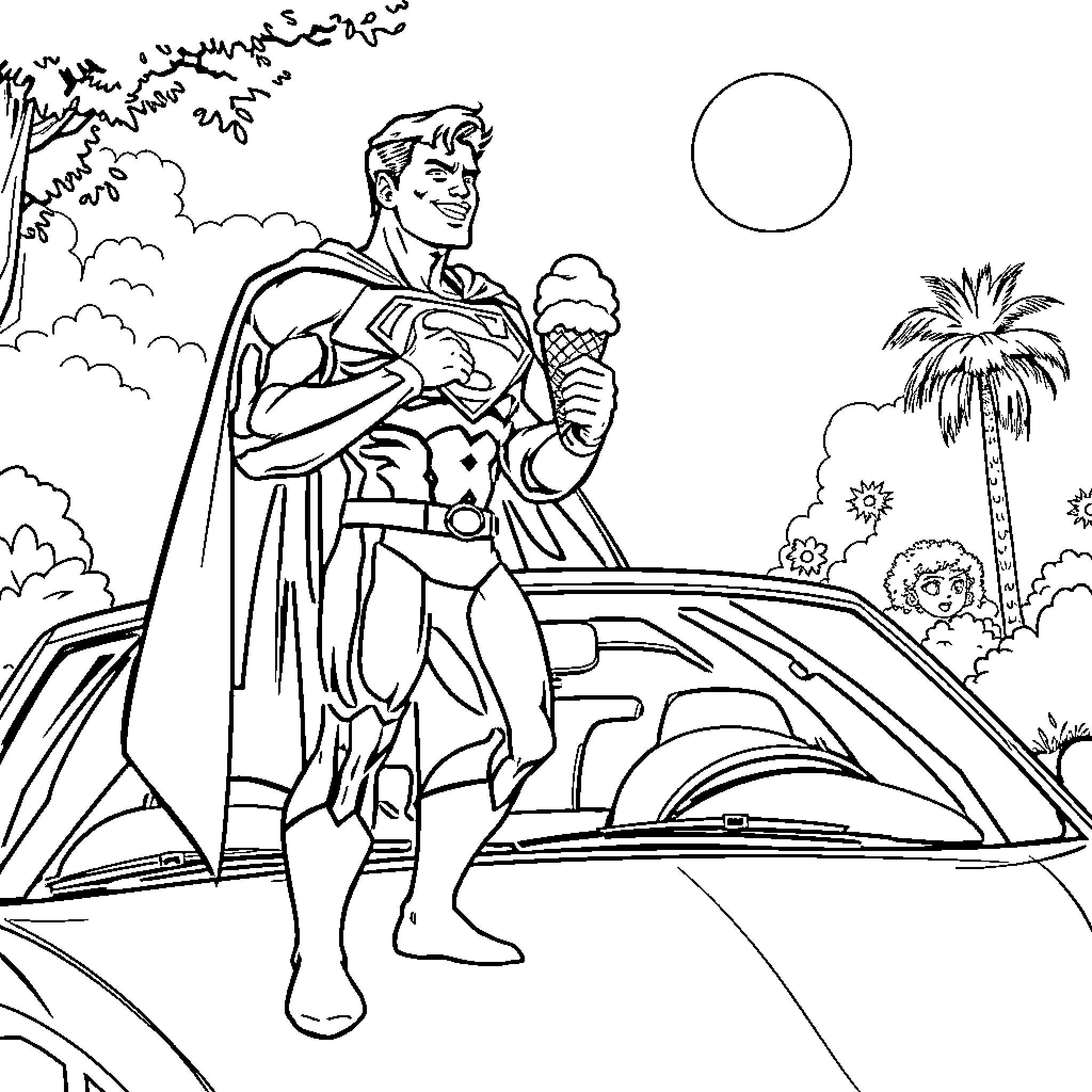 Superman enjoying ice cream in a tropical setting Coloring Page (free black-and-white line drawing printable PDF for all, from beginners to advanced learners, including children, teens, adults, and seniors)