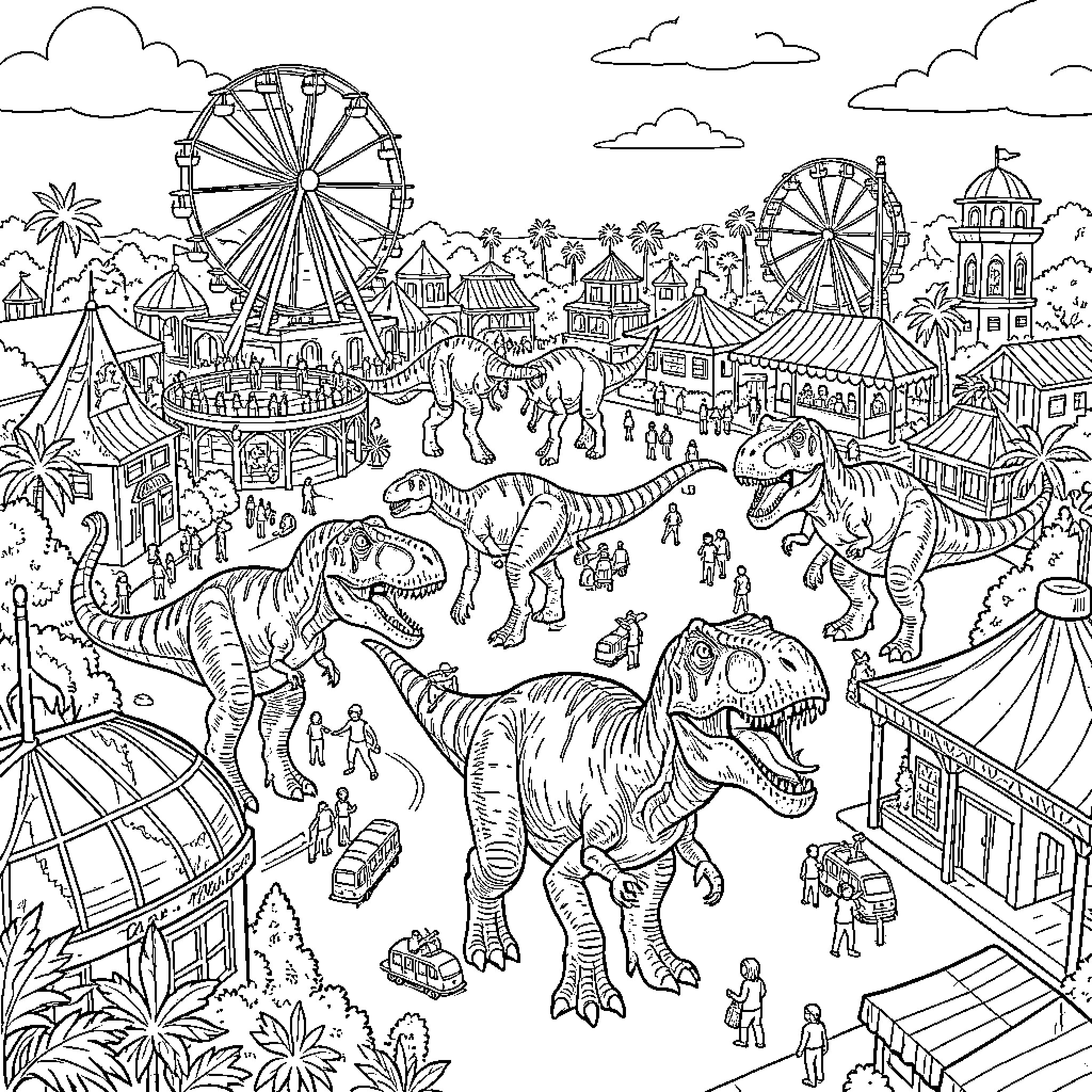 Dinosaur roaming through a busy amusement park Coloring Page (free black-and-white line drawing printable PDF for all, from beginners to advanced learners, including children, teens, adults, and seniors)