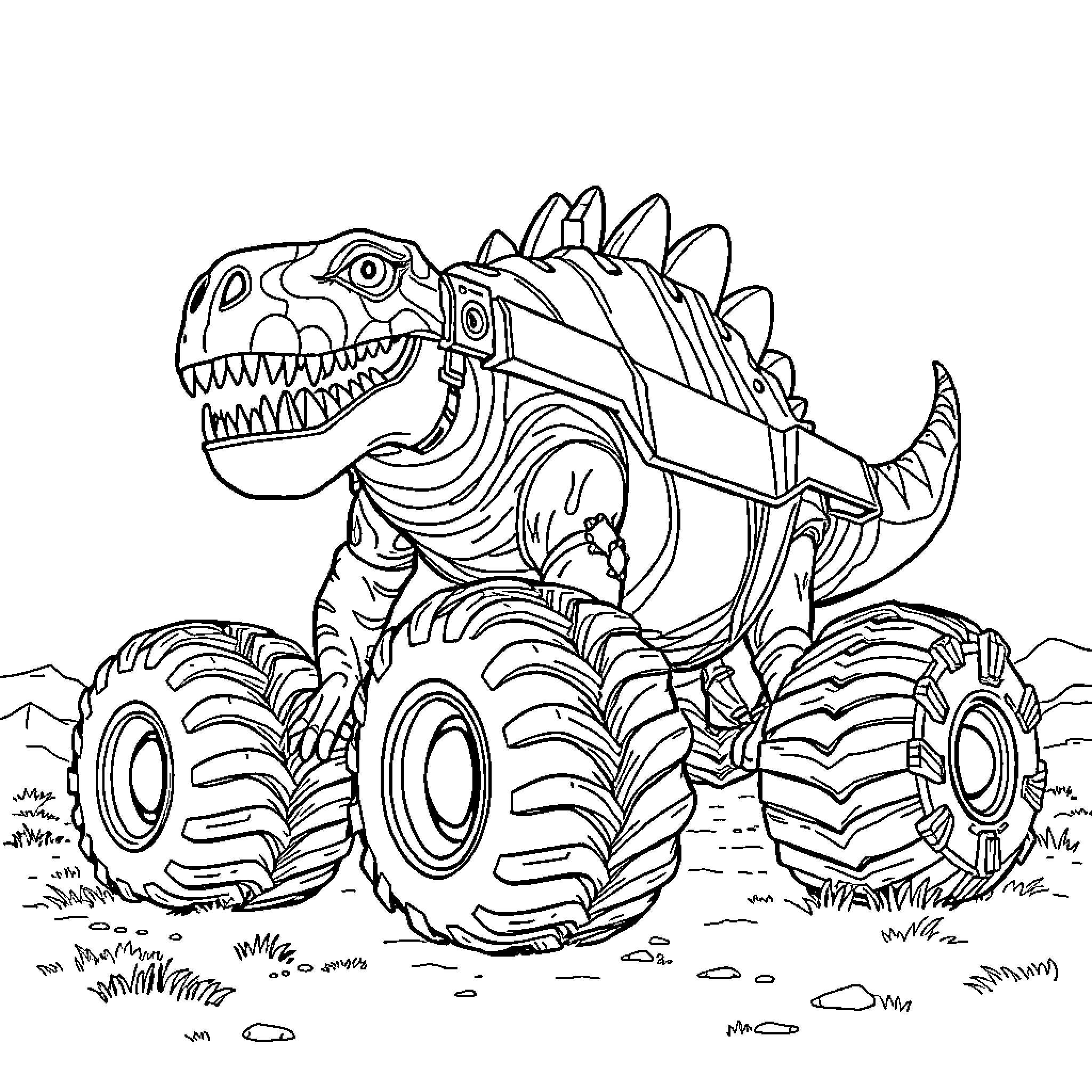 Monster Truck Dinosaur Crushing Rocks on the Road Coloring Page (free black-and-white line drawing printable PDF for all, from beginners to advanced learners, including children, teens, adults, and seniors)