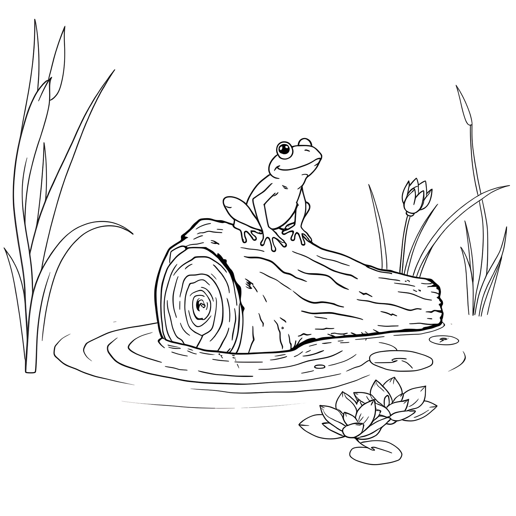 Frog resting on a log in a pond Coloring Page (free black-and-white line drawing printable PDF for all, from beginners to advanced learners, including children, teens, adults, and seniors)