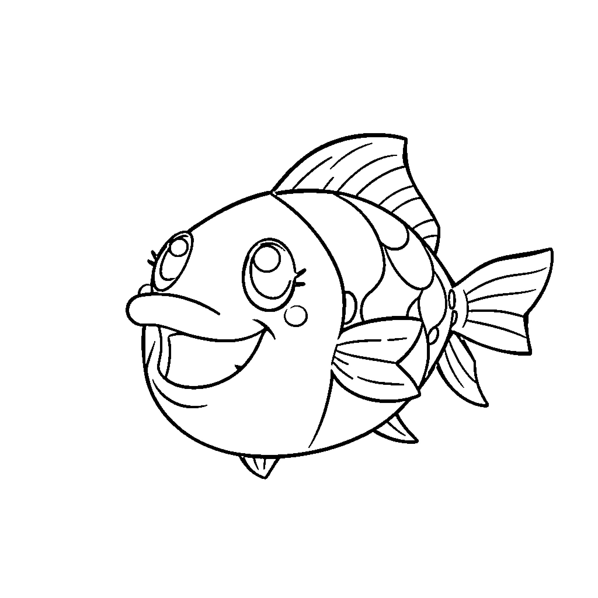 Osakana Kinako: Cheerful Cartoon Fish Coloring Page (free black-and-white line drawing printable PDF for all, from beginners to advanced learners, including children, teens, adults, and seniors)
