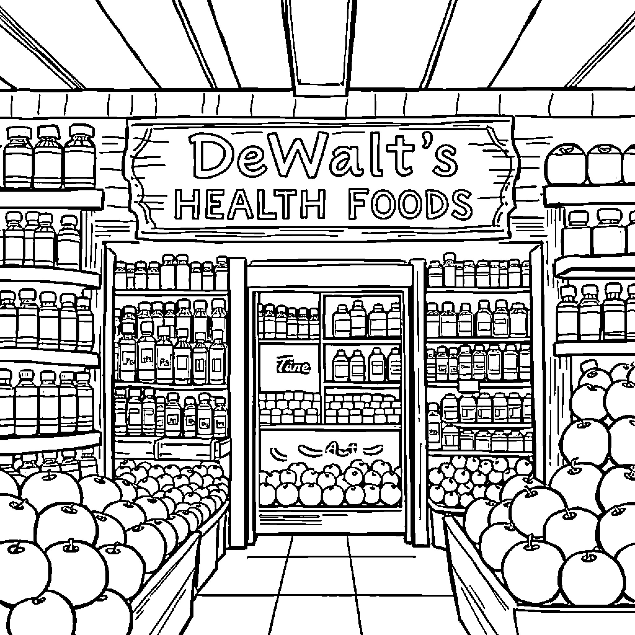 Health Food Store Interior with Assorted Products Coloring Page (free black-and-white line drawing printable PDF for all, from beginners to advanced learners, including children, teens, adults, and seniors)