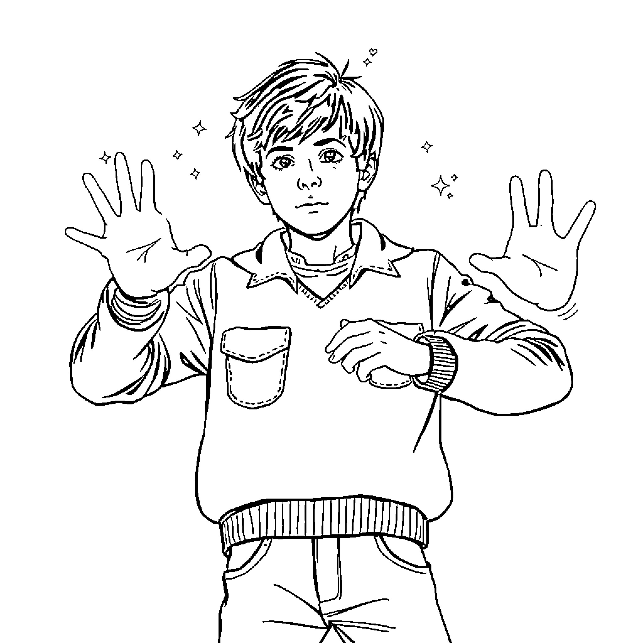 Will Byers gesturing in wonder and excitement Coloring Page (free black-and-white line drawing printable PDF for all, from beginners to advanced learners, including children, teens, adults, and seniors)