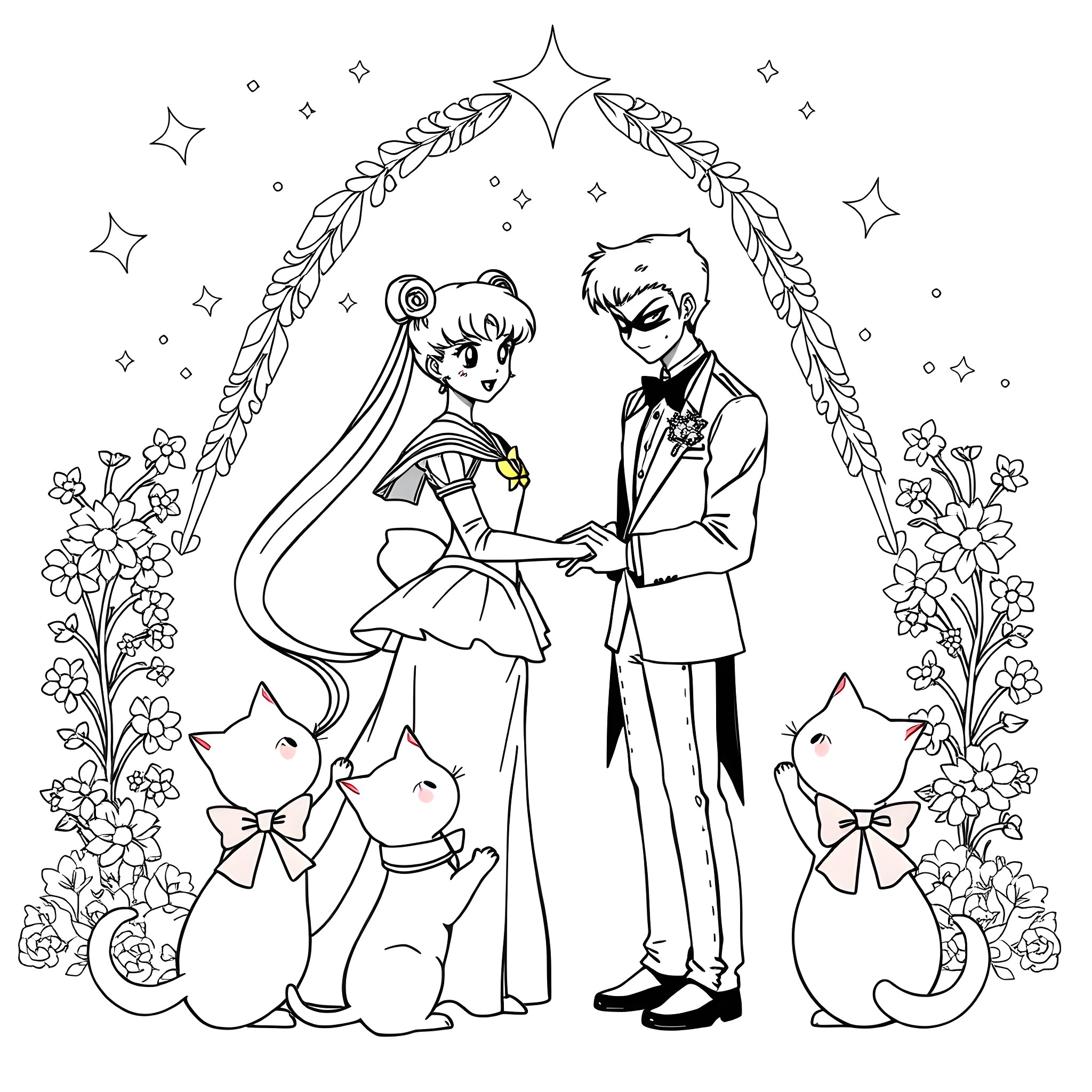 Sailor Moon Wedding Scene with Cats Coloring Page (free black-and-white line drawing printable PDF for all, from beginners to advanced learners, including children, teens, adults, and seniors)