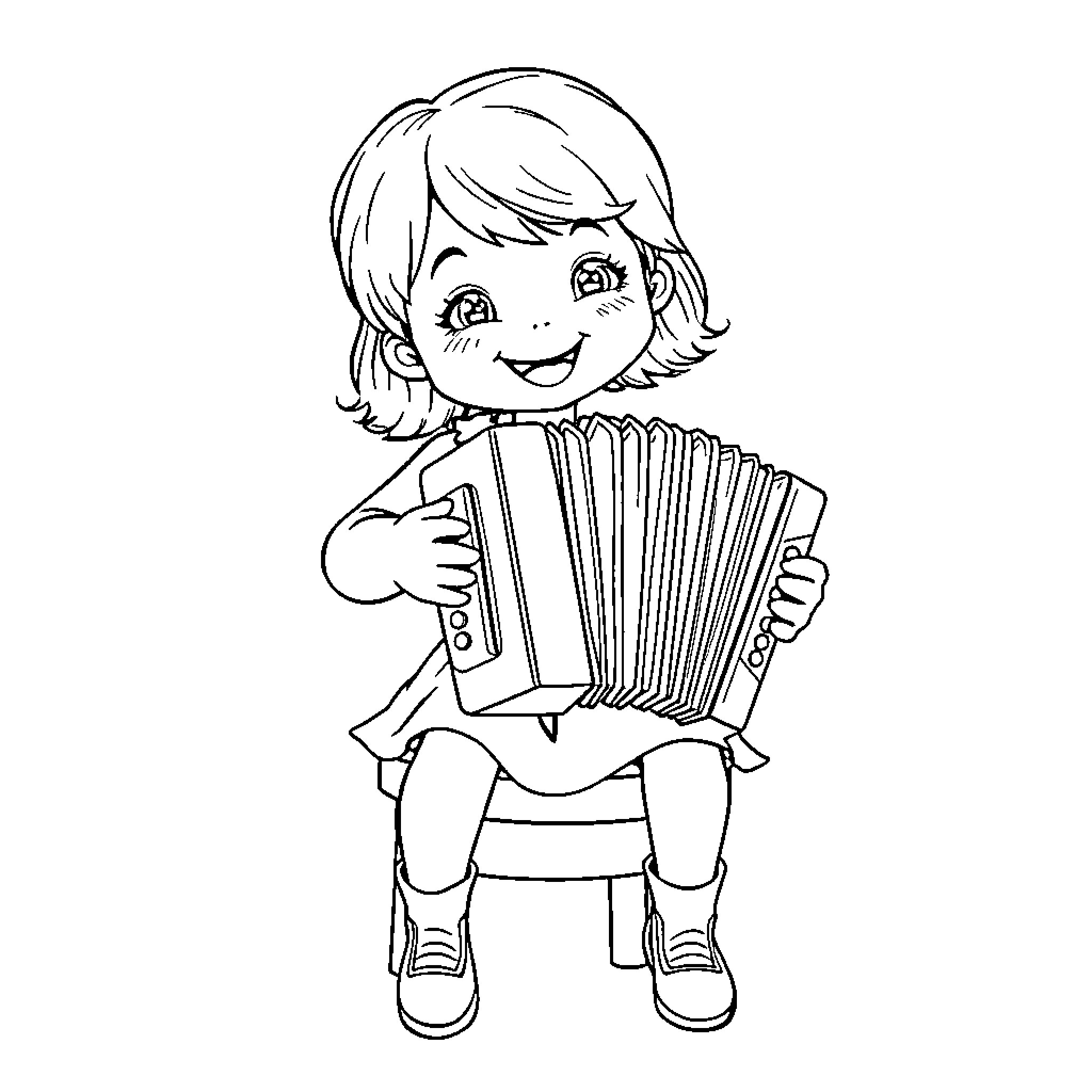 Child playing happily with accordion Coloring Page (free black-and-white line drawing printable PDF for all, from beginners to advanced learners, including children, teens, adults, and seniors)