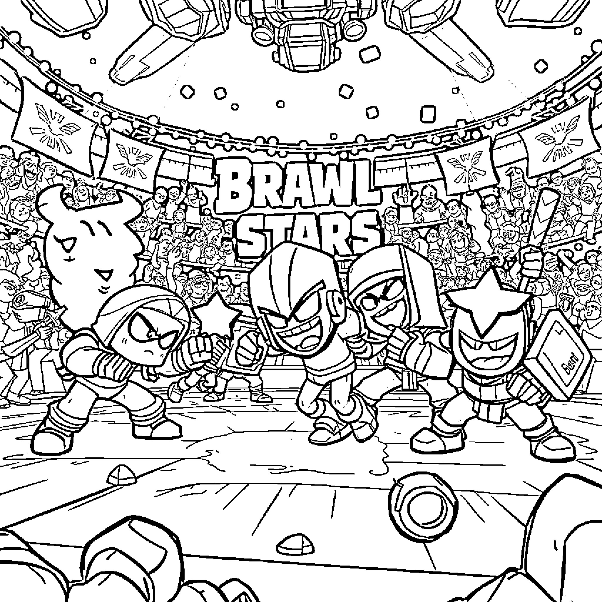 Brawlstar Characters in Exciting Action Coloring Page (free black-and-white line drawing printable PDF for all, from beginners to advanced learners, including children, teens, adults, and seniors)