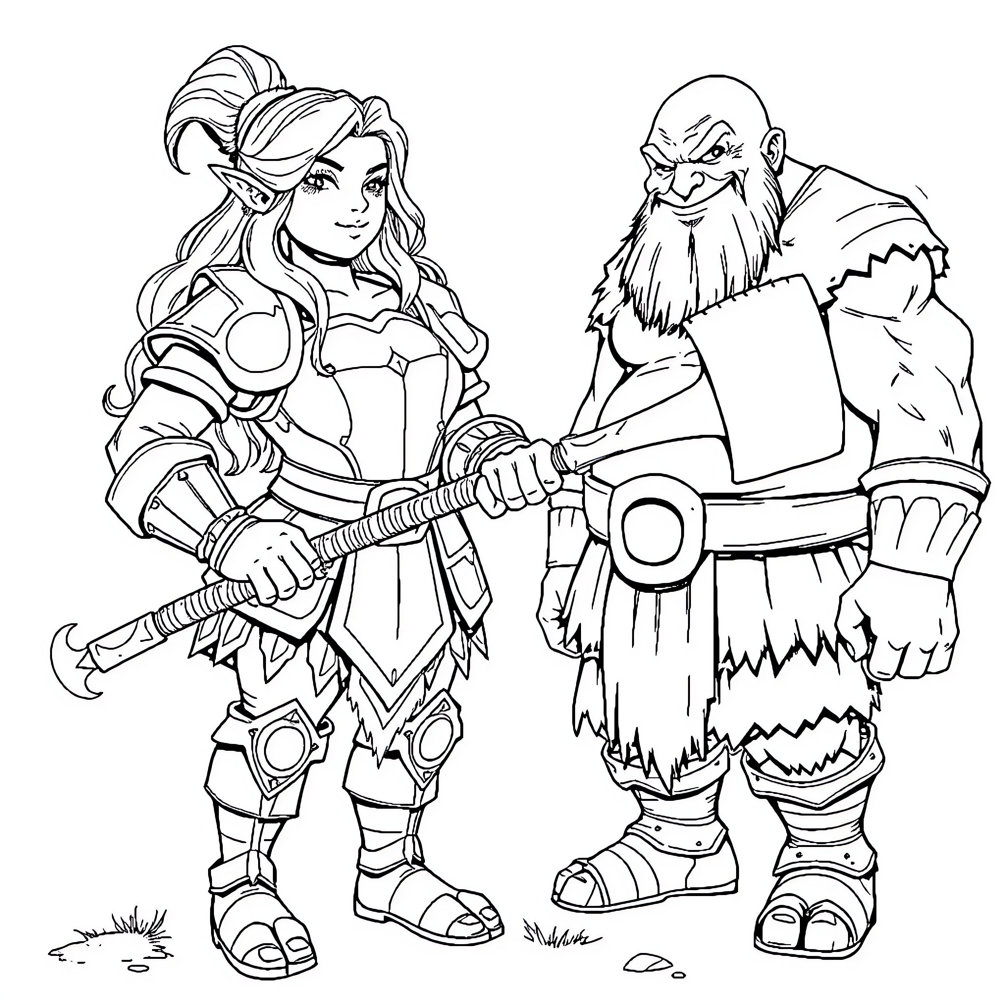 Dwarf warrior and shaman in fantasy attire Coloring Page (free black-and-white line drawing printable PDF for all, from beginners to advanced learners, including children, teens, adults, and seniors)