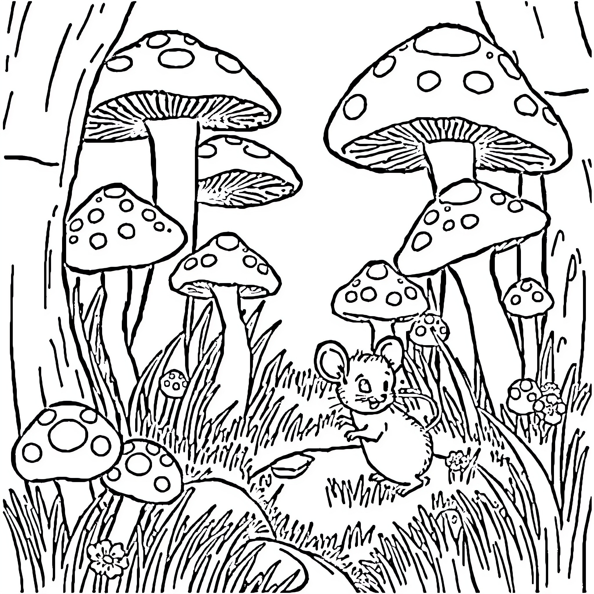 Mouse exploring mushroom-filled forest Coloring Page (free black-and-white line drawing printable PDF for all, from beginners to advanced learners, including children, teens, adults, and seniors)