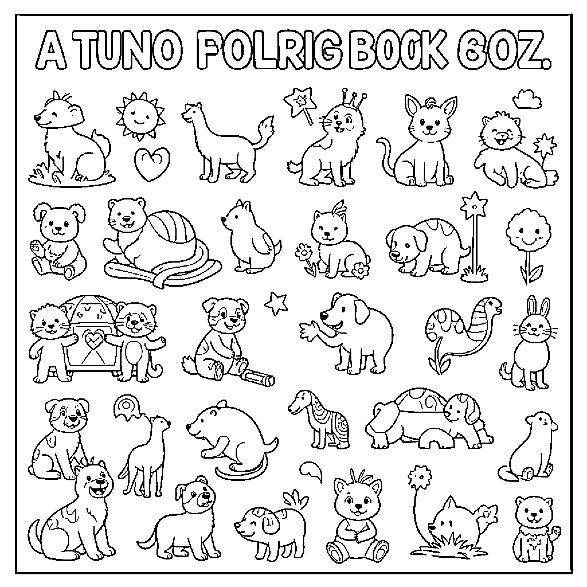 Letter Animals in Playful Poses Coloring Page (free black-and-white line drawing printable PDF for all, from beginners to advanced learners, including children, teens, adults, and seniors)