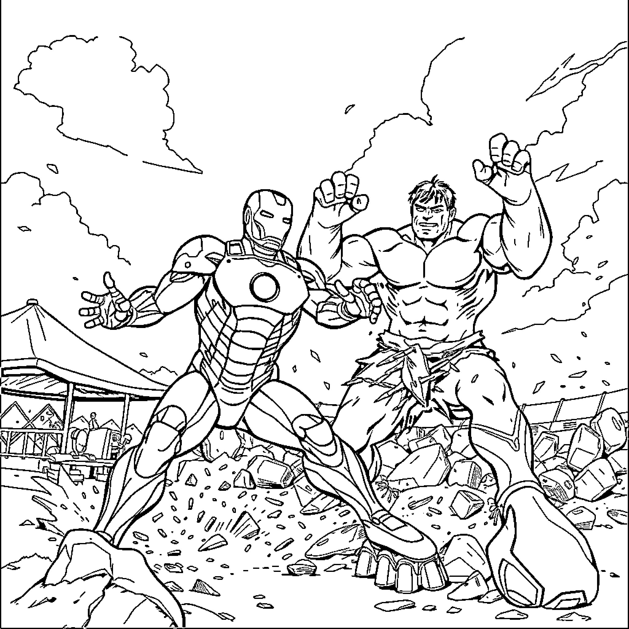 Ironman and Hulk battle in the ruins Coloring Page (free black-and-white line drawing printable PDF for all, from beginners to advanced learners, including children, teens, adults, and seniors)