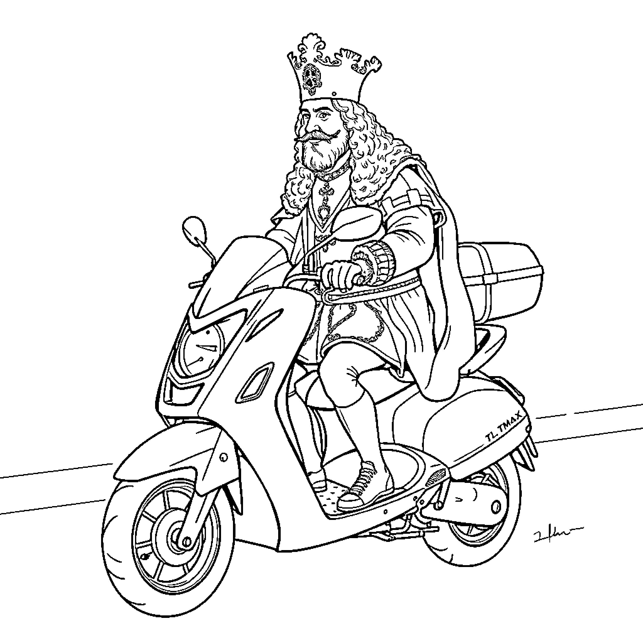 Louis 14 Riding a Scooter in Regal Attire Coloring Page (free black-and-white line drawing printable PDF for all, from beginners to advanced learners, including children, teens, adults, and seniors)