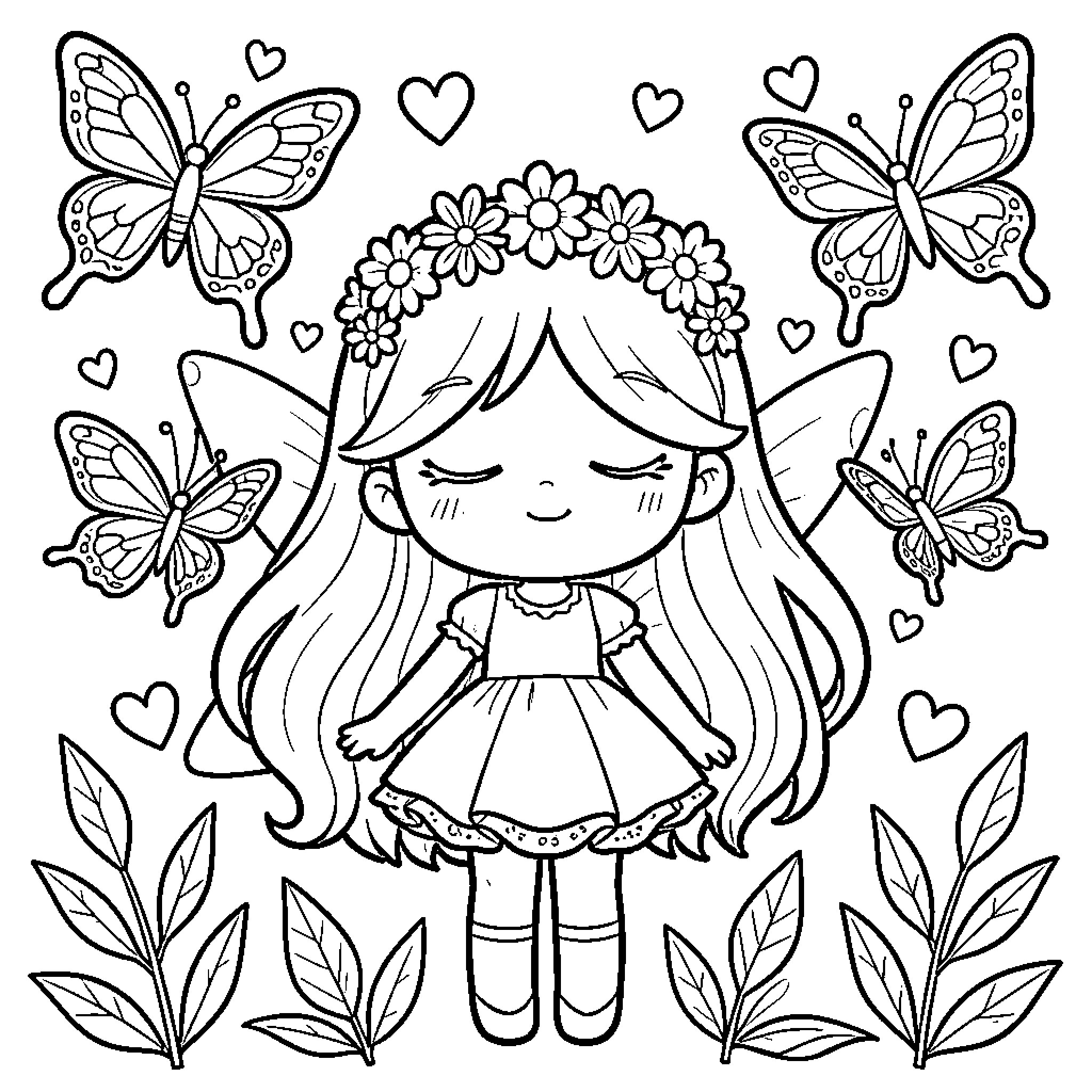 Fairy girl surrounded by butterflies and flowers Coloring Page (free black-and-white line drawing printable PDF for all, from beginners to advanced learners, including children, teens, adults, and seniors)