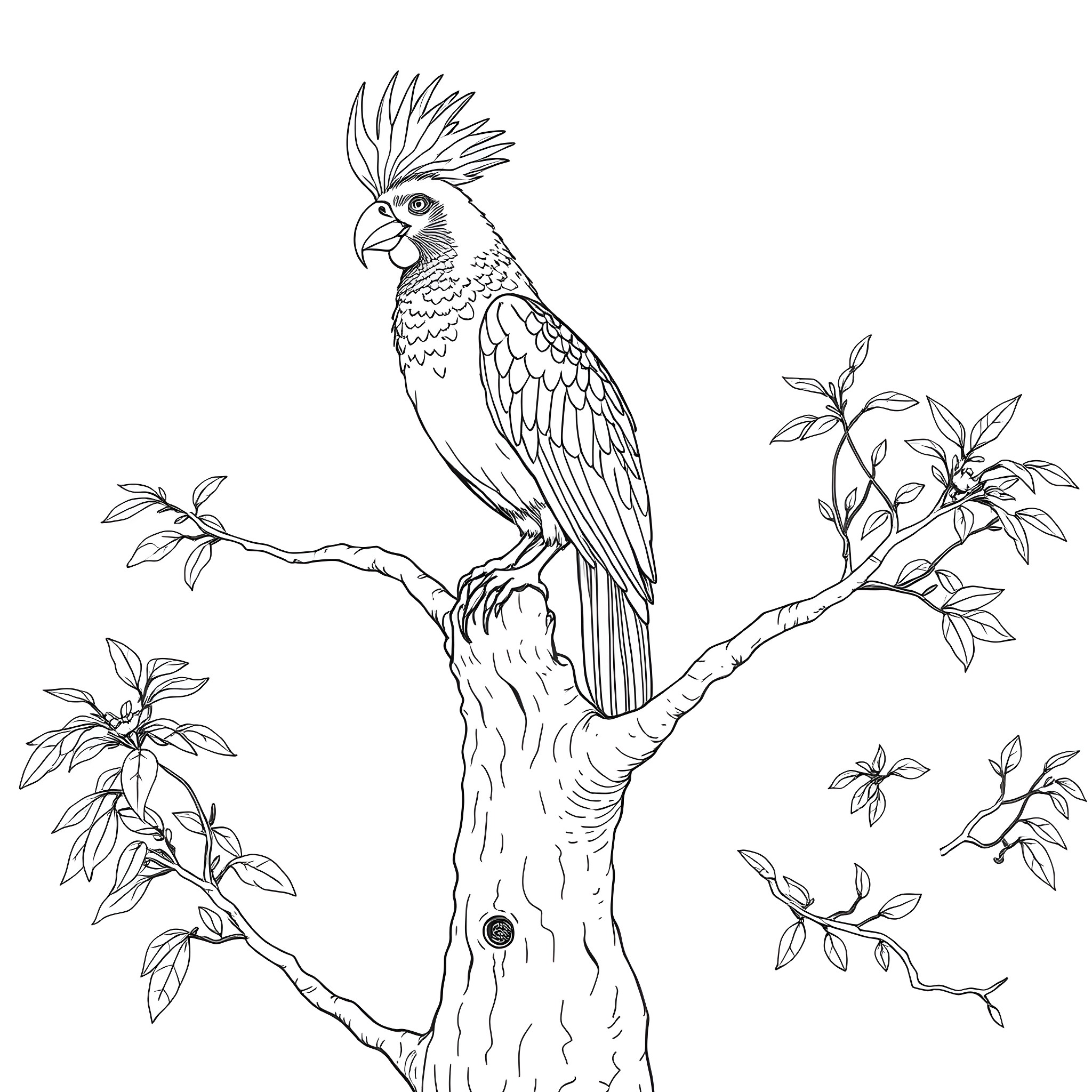 Guianan Cock of the Rock perched on tree branch Coloring Page (free black-and-white line drawing printable PDF for all, from beginners to advanced learners, including children, teens, adults, and seniors)