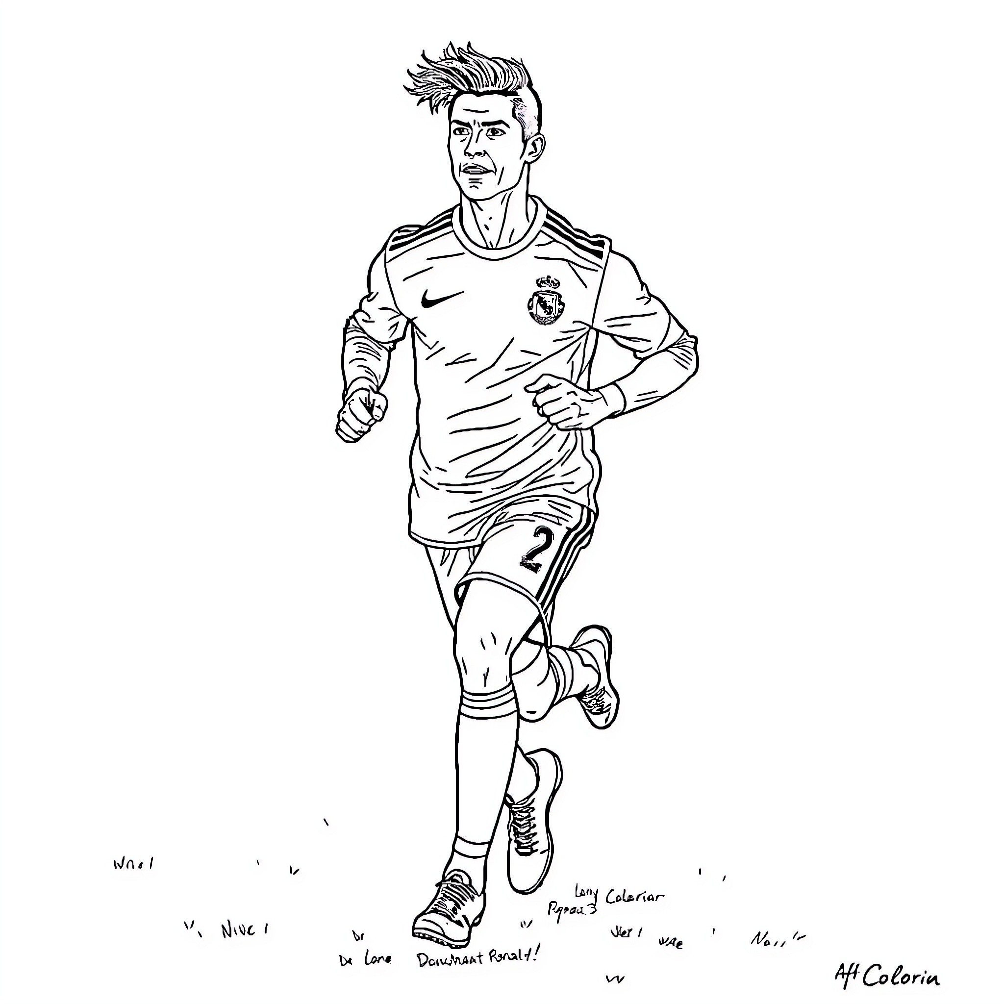 Cristiano Ronaldo running in sports uniform Coloring Page (free black-and-white line drawing printable PDF for all, from beginners to advanced learners, including children, teens, adults, and seniors)