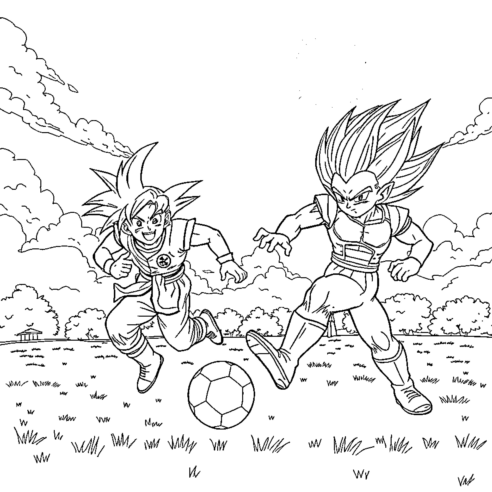 Dragon Ball Z: Characters Playing Soccer in Outdoors Coloring Page (free black-and-white line drawing printable PDF for all, from beginners to advanced learners, including children, teens, adults, and seniors)