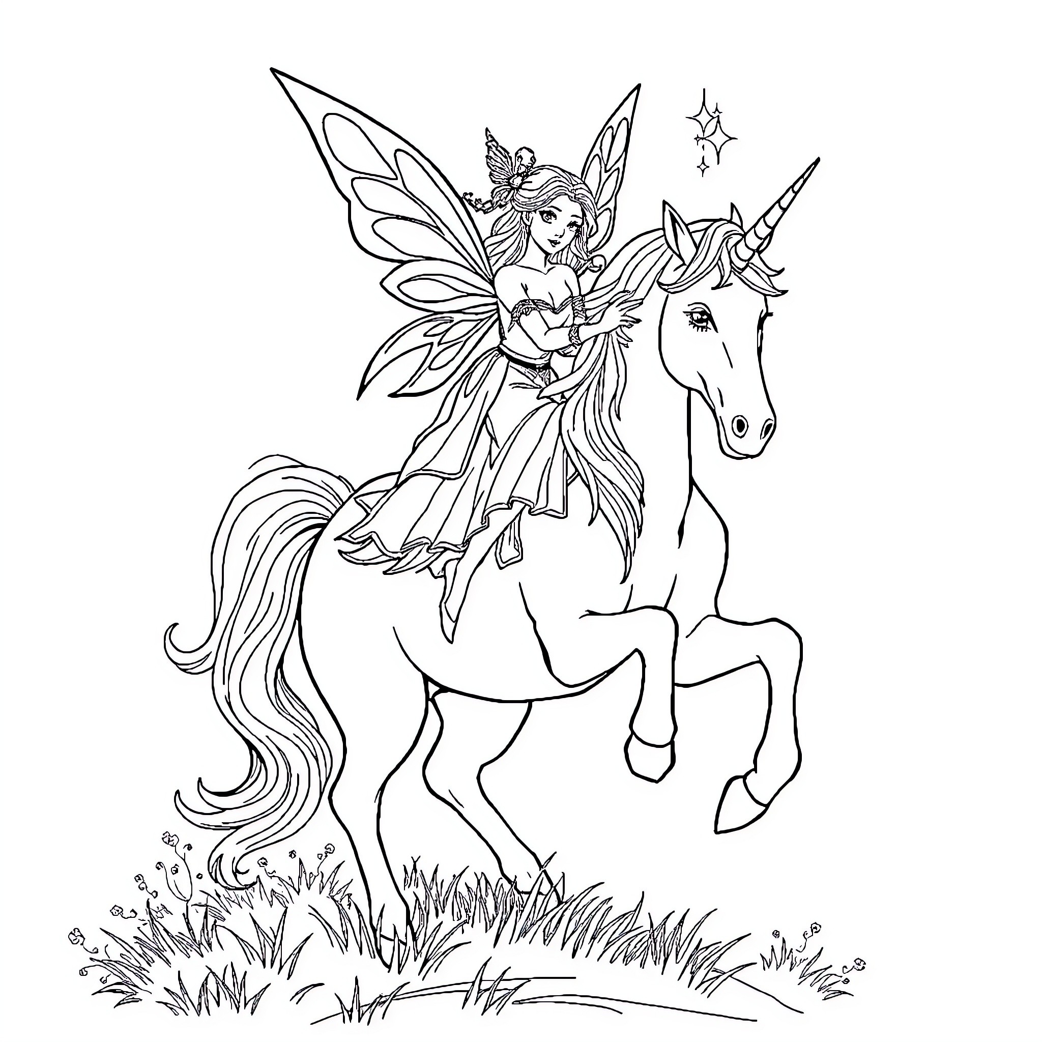 Fairy riding a unicorn with stars and butterflies Coloring Page (free black-and-white line drawing printable PDF for all, from beginners to advanced learners, including children, teens, adults, and seniors)