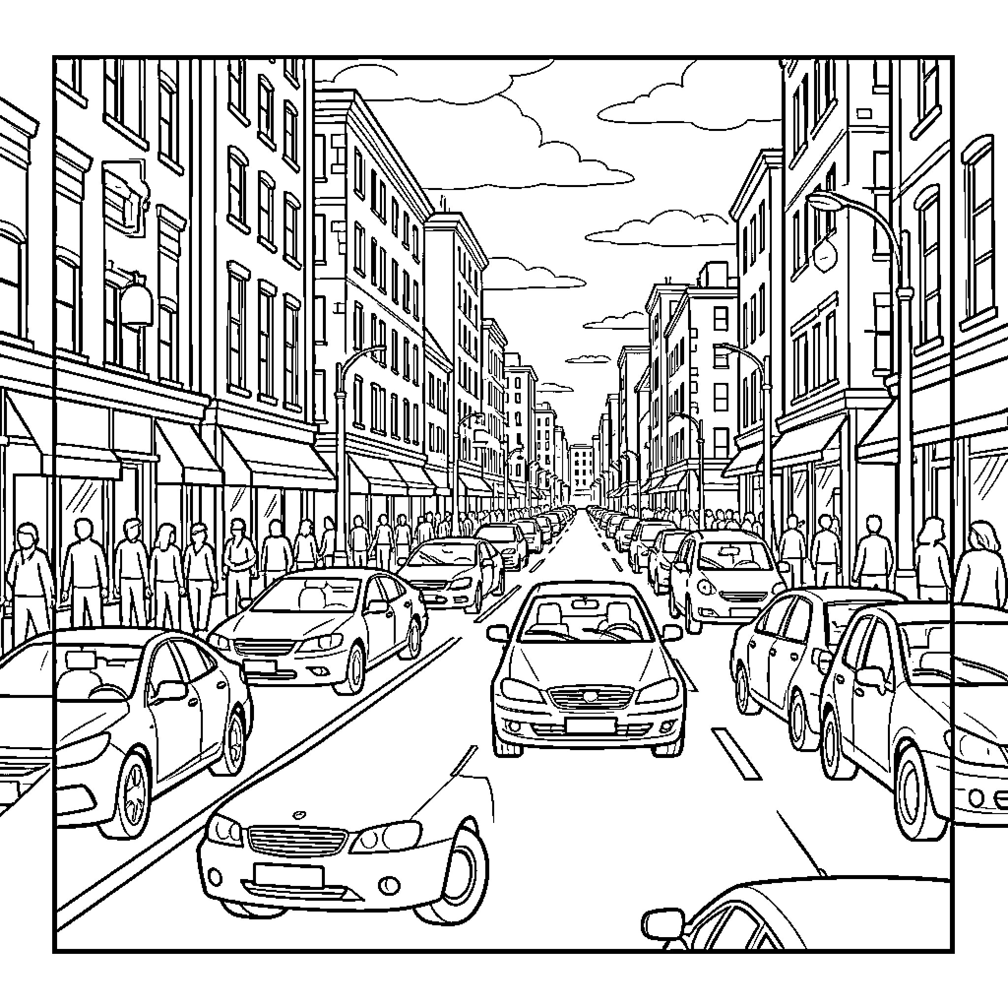 Car driving through a busy city street scene Coloring Page (free black-and-white line drawing printable PDF for all, from beginners to advanced learners, including children, teens, adults, and seniors)