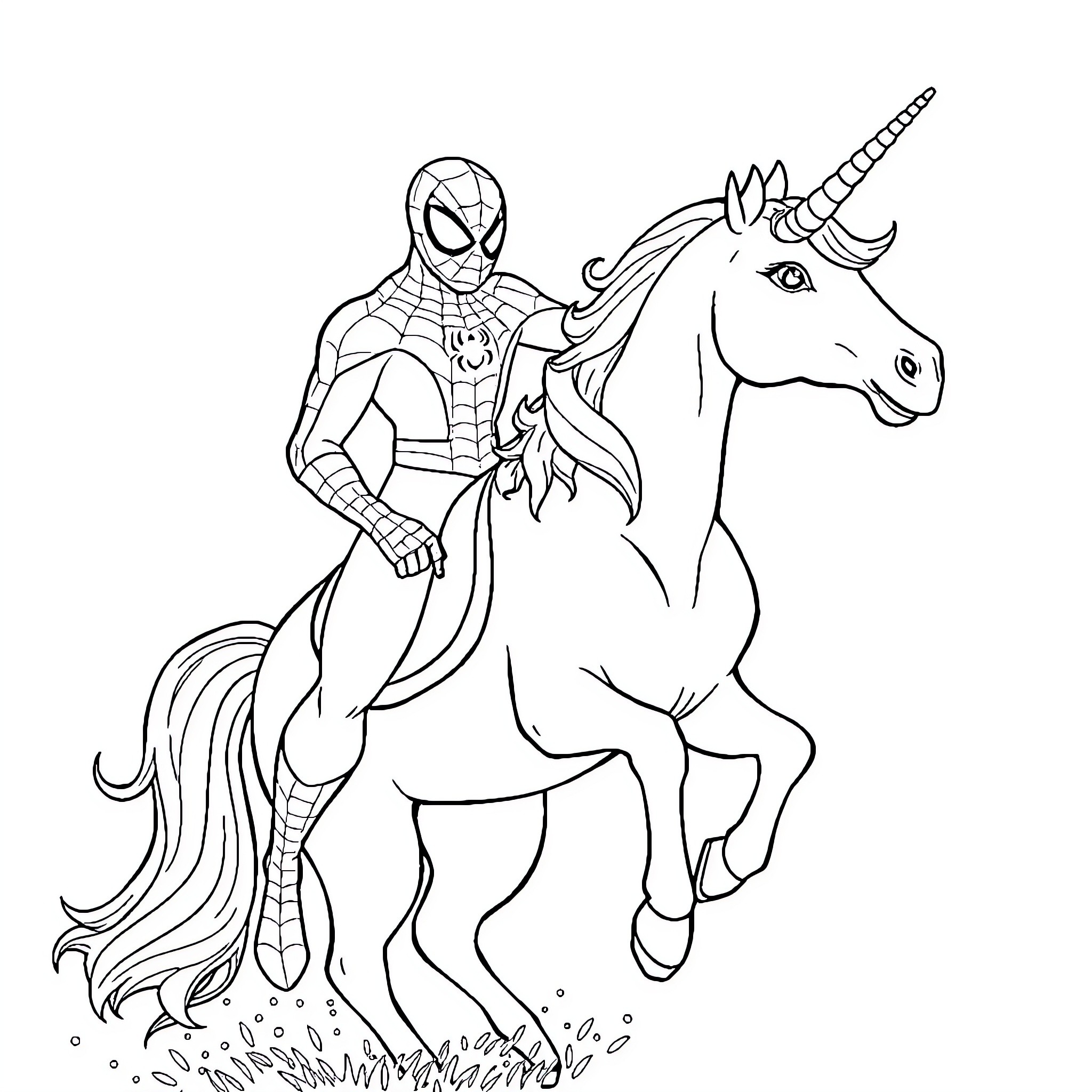 Spiderman riding a majestic unicorn Coloring Page (free black-and-white line drawing printable PDF for all, from beginners to advanced learners, including children, teens, adults, and seniors)