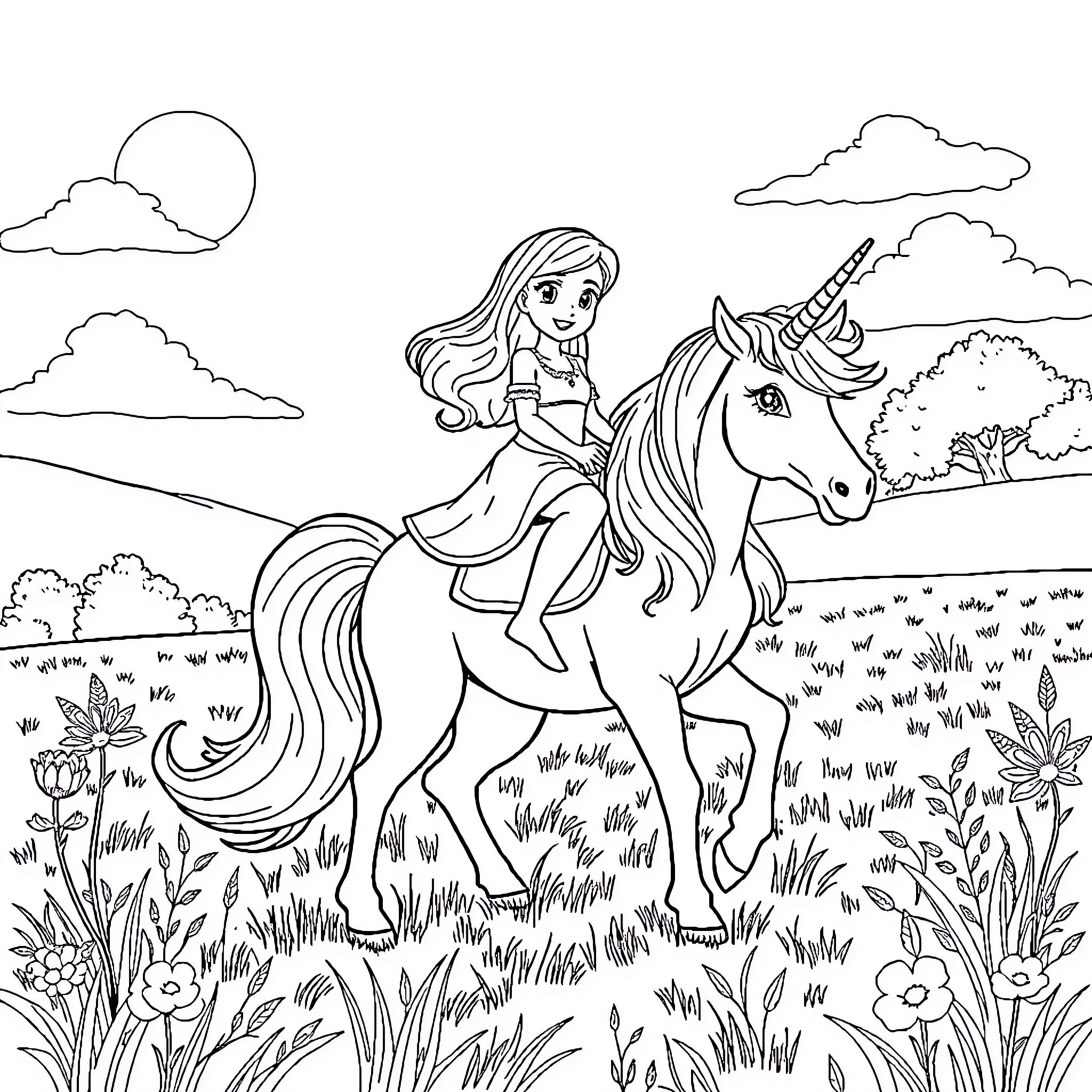 Skye riding a magical unicorn through a enchanted field Coloring Page (free black-and-white line drawing printable PDF for all, from beginners to advanced learners, including children, teens, adults, and seniors)
