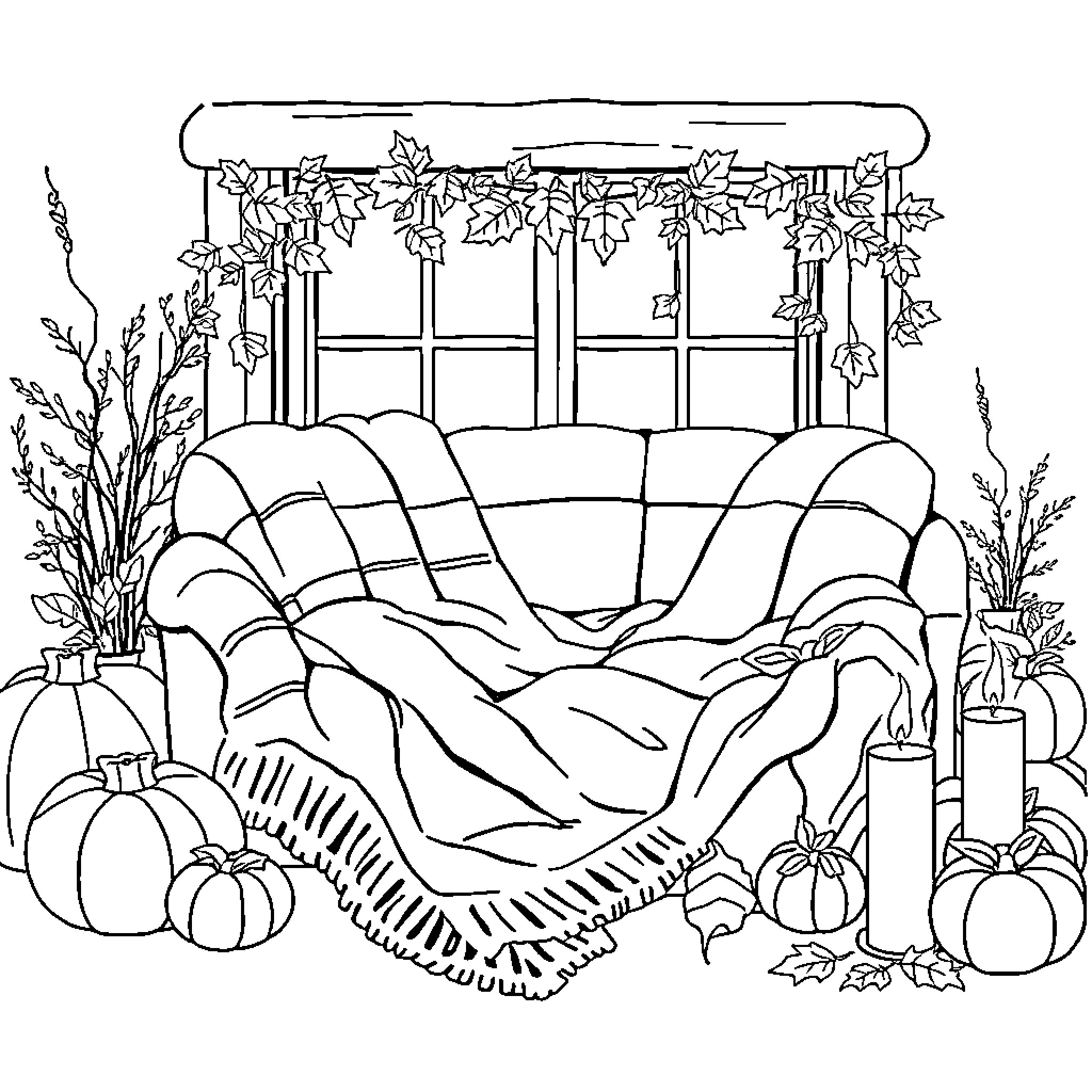 Fall Scene with Cozy Bedroom and Autumn Decor Coloring Page (free black-and-white line drawing printable PDF for all, from beginners to advanced learners, including children, teens, adults, and seniors)