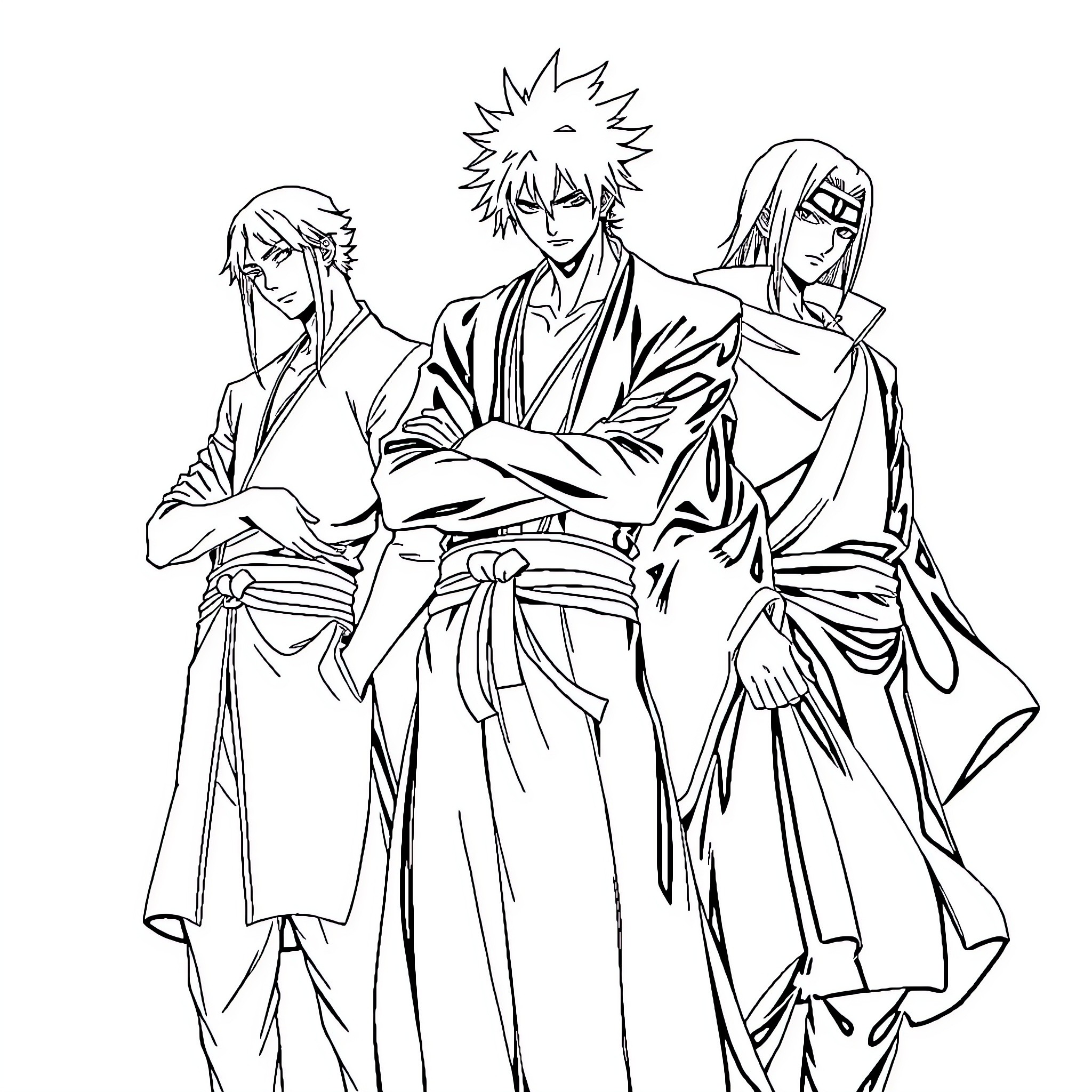 Bleach: Trio of Striking Characters in Samurai Attire Coloring Page (free black-and-white line drawing printable PDF for all, from beginners to advanced learners, including children, teens, adults, and seniors)