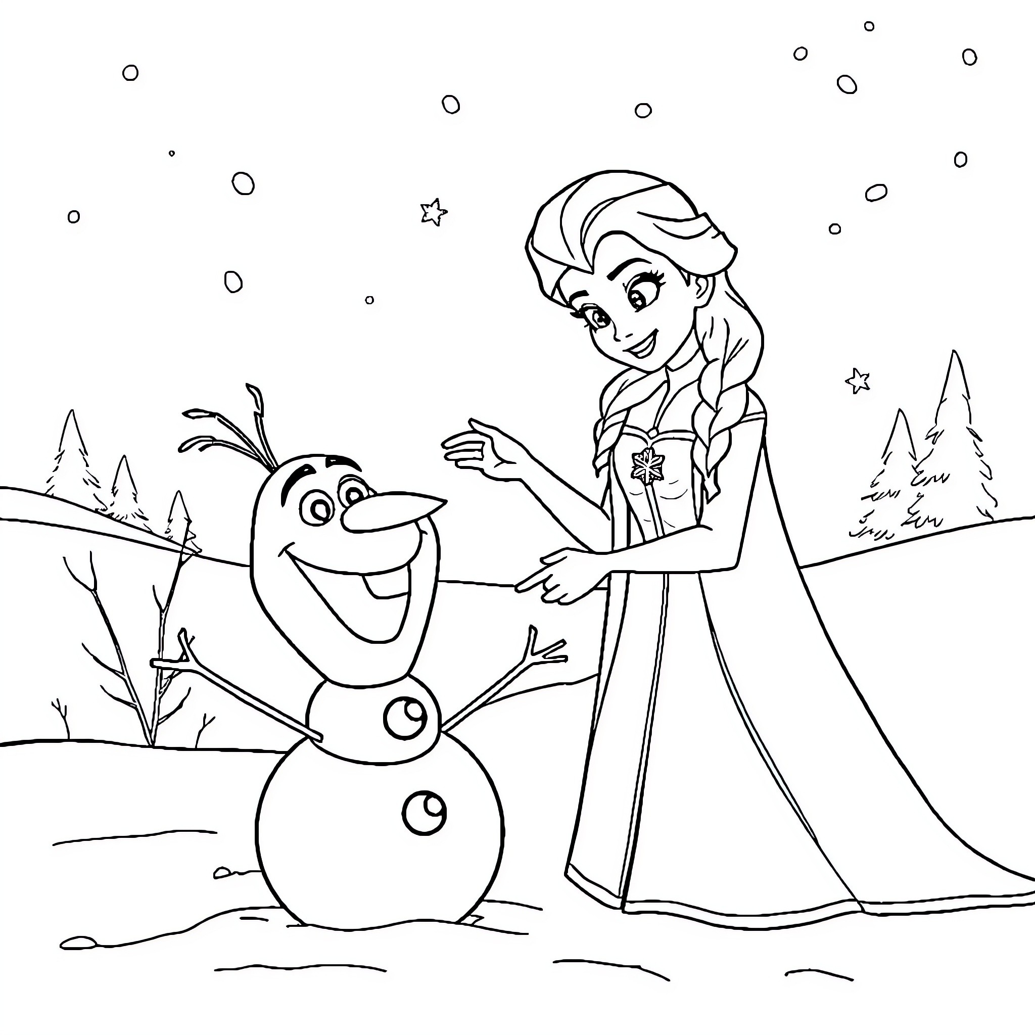 Elsa helping Olaf the Snowman in the Winter Wonderland Coloring Page (free black-and-white line drawing printable PDF for all, from beginners to advanced learners, including children, teens, adults, and seniors)