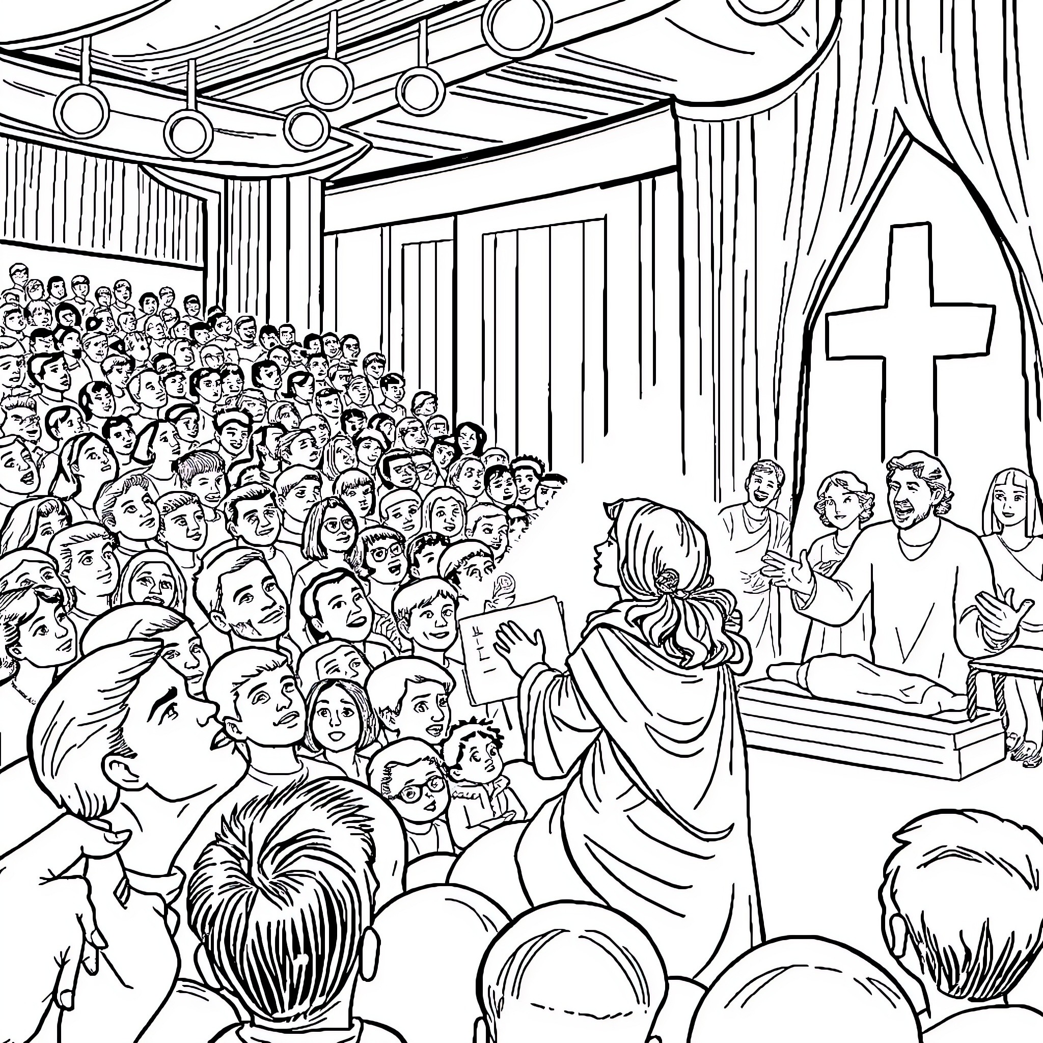Birth of a Religious Congregation in a Crowded Church Coloring Page (free black-and-white line drawing printable PDF for all, from beginners to advanced learners, including children, teens, adults, and seniors)