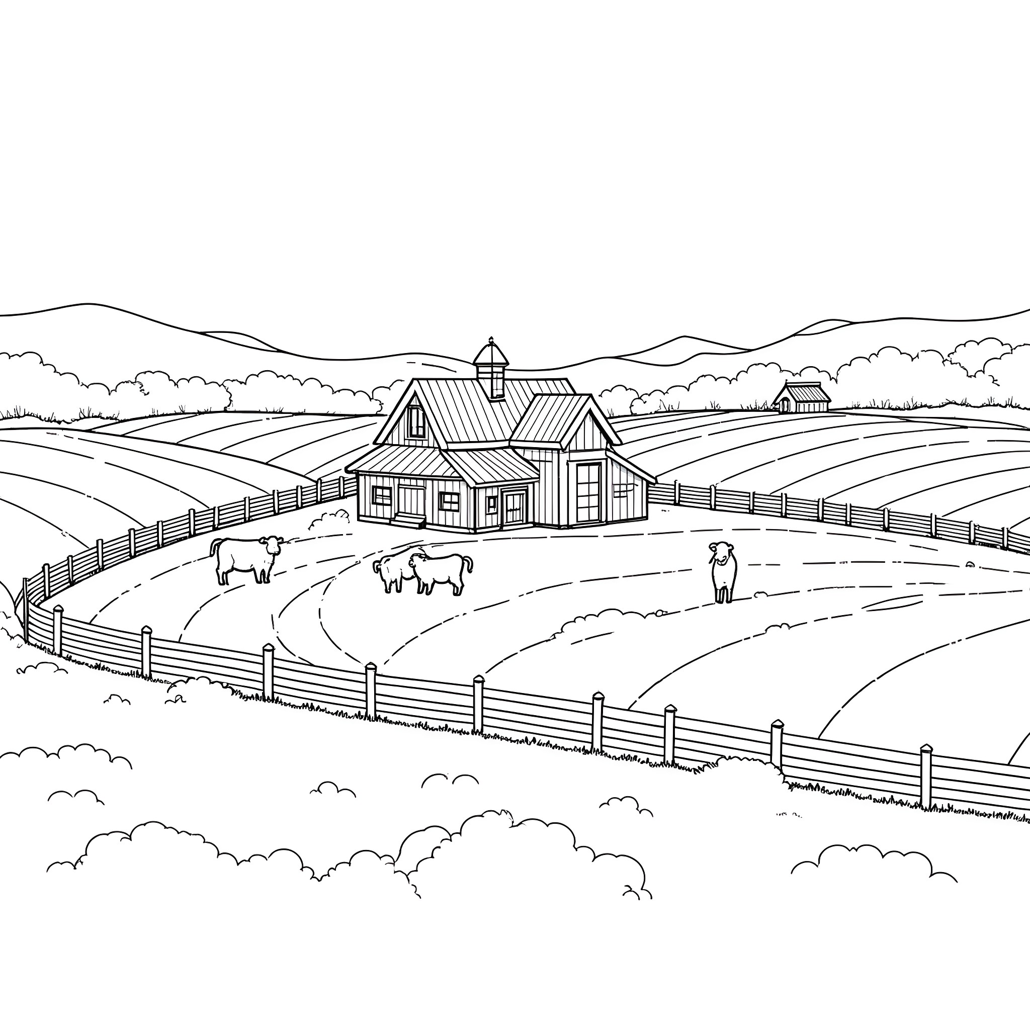 Farm House with Pastoral Landscape and Animals Coloring Page (free black-and-white line drawing printable PDF for all, from beginners to advanced learners, including children, teens, adults, and seniors)