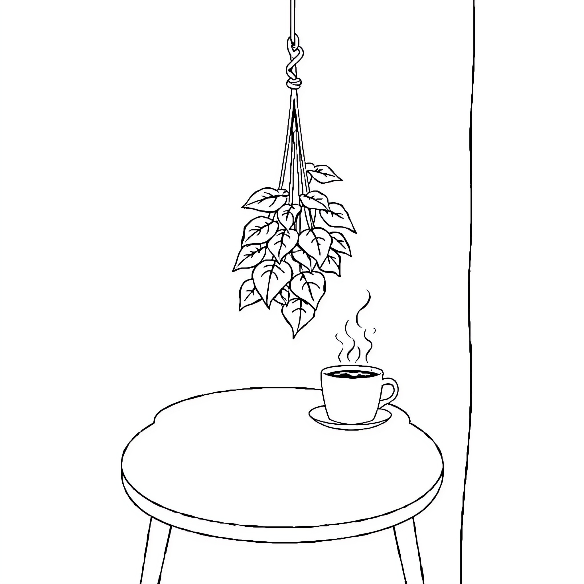 Table with steaming cup and hanging plant Coloring Page (free black-and-white line drawing printable PDF for all, from beginners to advanced learners, including children, teens, adults, and seniors)