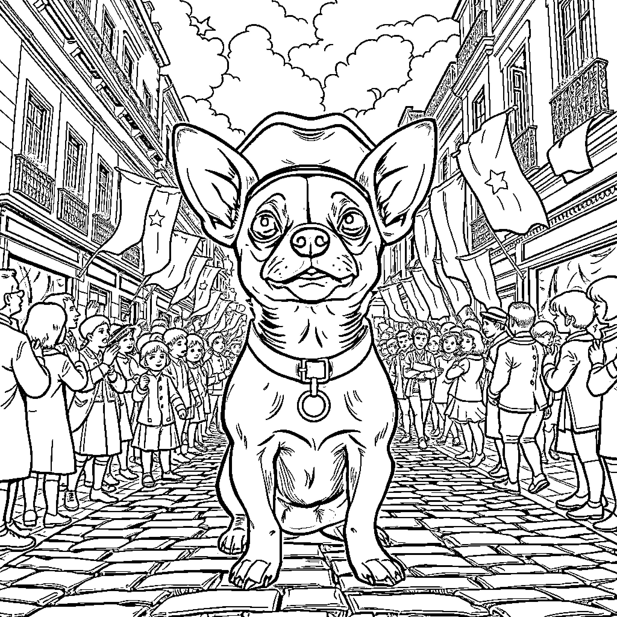 Chihuahua celebrates in the city parade Coloring Page (free black-and-white line drawing printable PDF for all, from beginners to advanced learners, including children, teens, adults, and seniors)