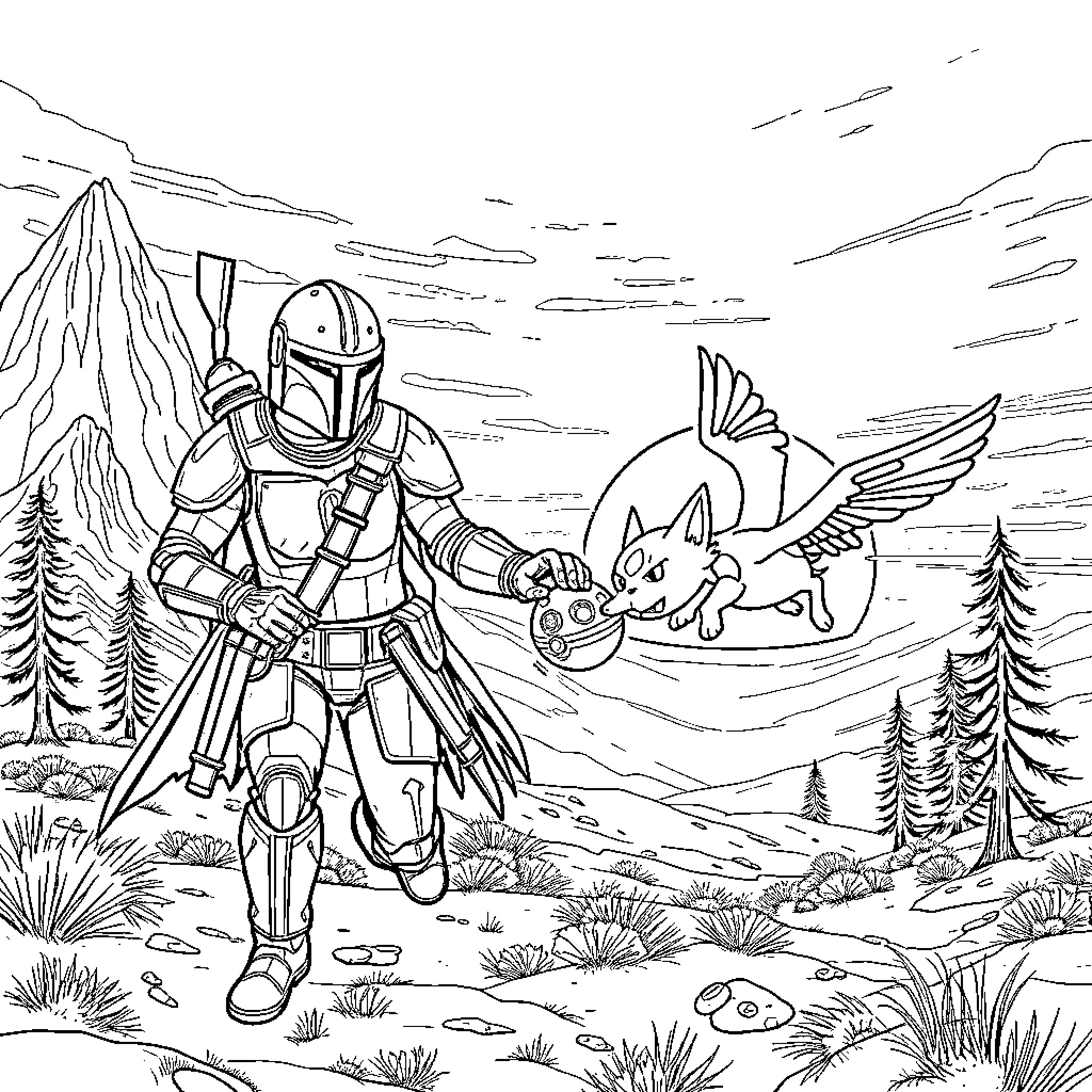Mandalorian warrior encounters mythical creature in wilderness Coloring Page (free black-and-white line drawing printable PDF for all, from beginners to advanced learners, including children, teens, adults, and seniors)
