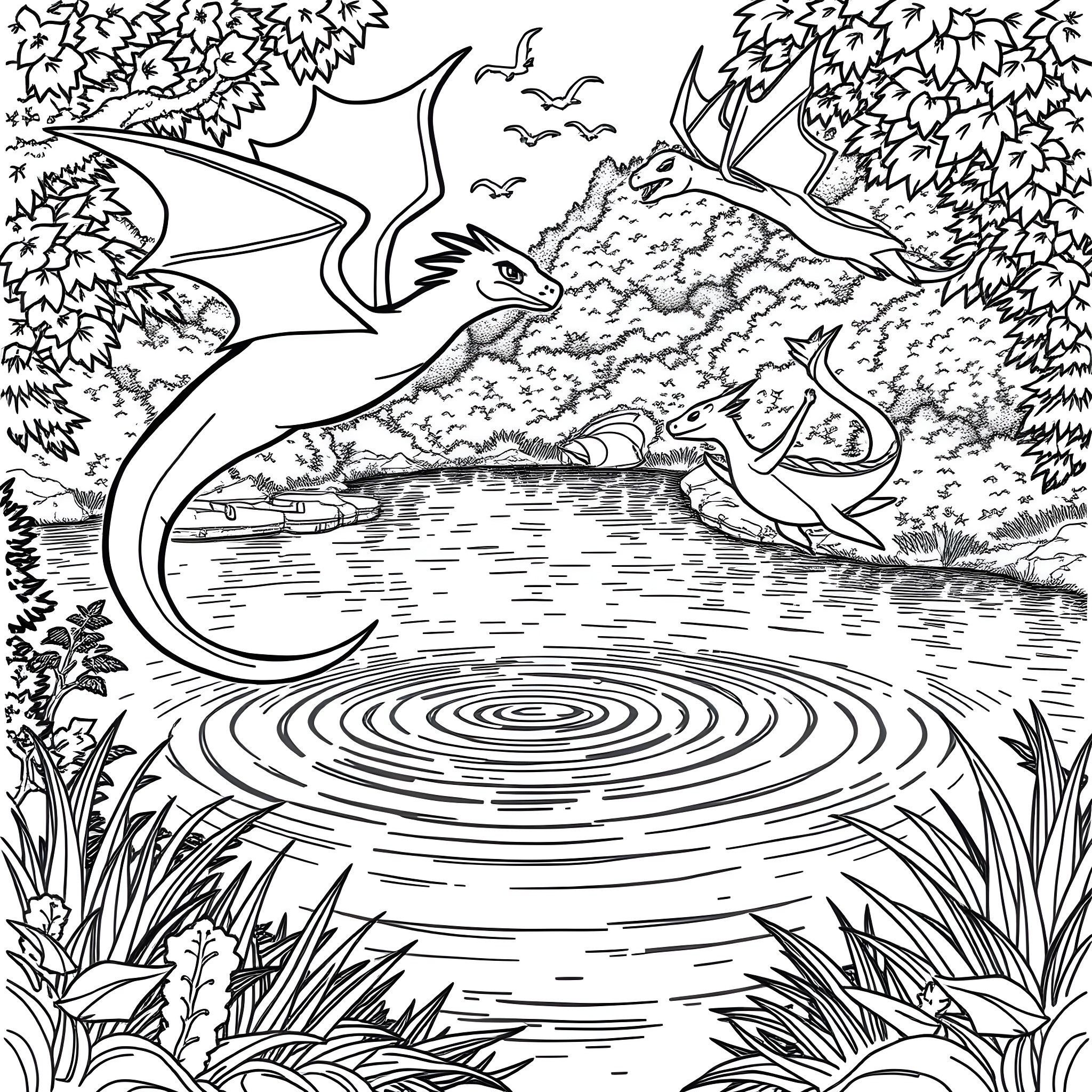 Dragon Soaring Above Serene Lakeside Scene Coloring Page (free black-and-white line drawing printable PDF for all, from beginners to advanced learners, including children, teens, adults, and seniors)