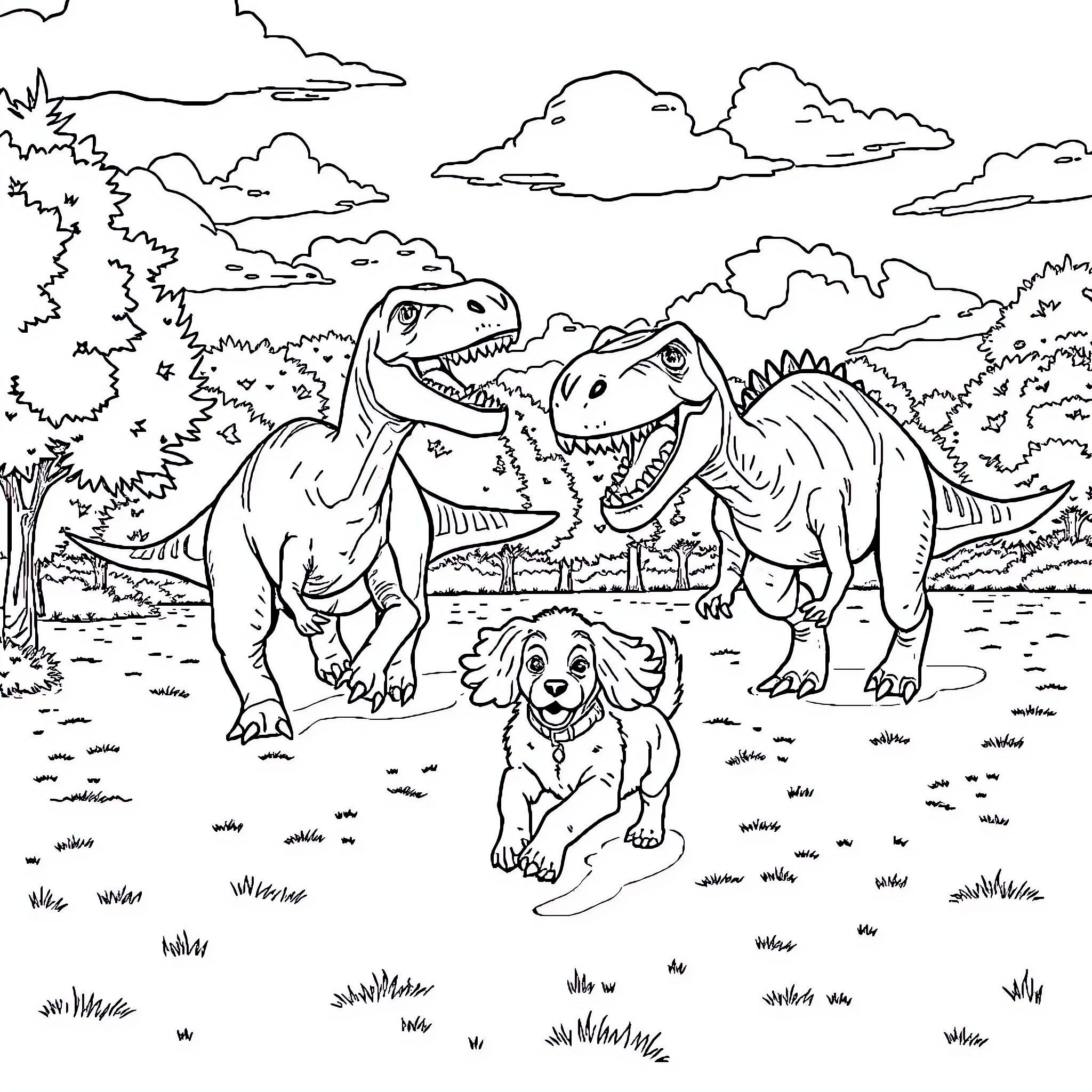 Dinosaurs Roaming in the Wilderness Coloring Page (free black-and-white line drawing printable PDF for all, from beginners to advanced learners, including children, teens, adults, and seniors)