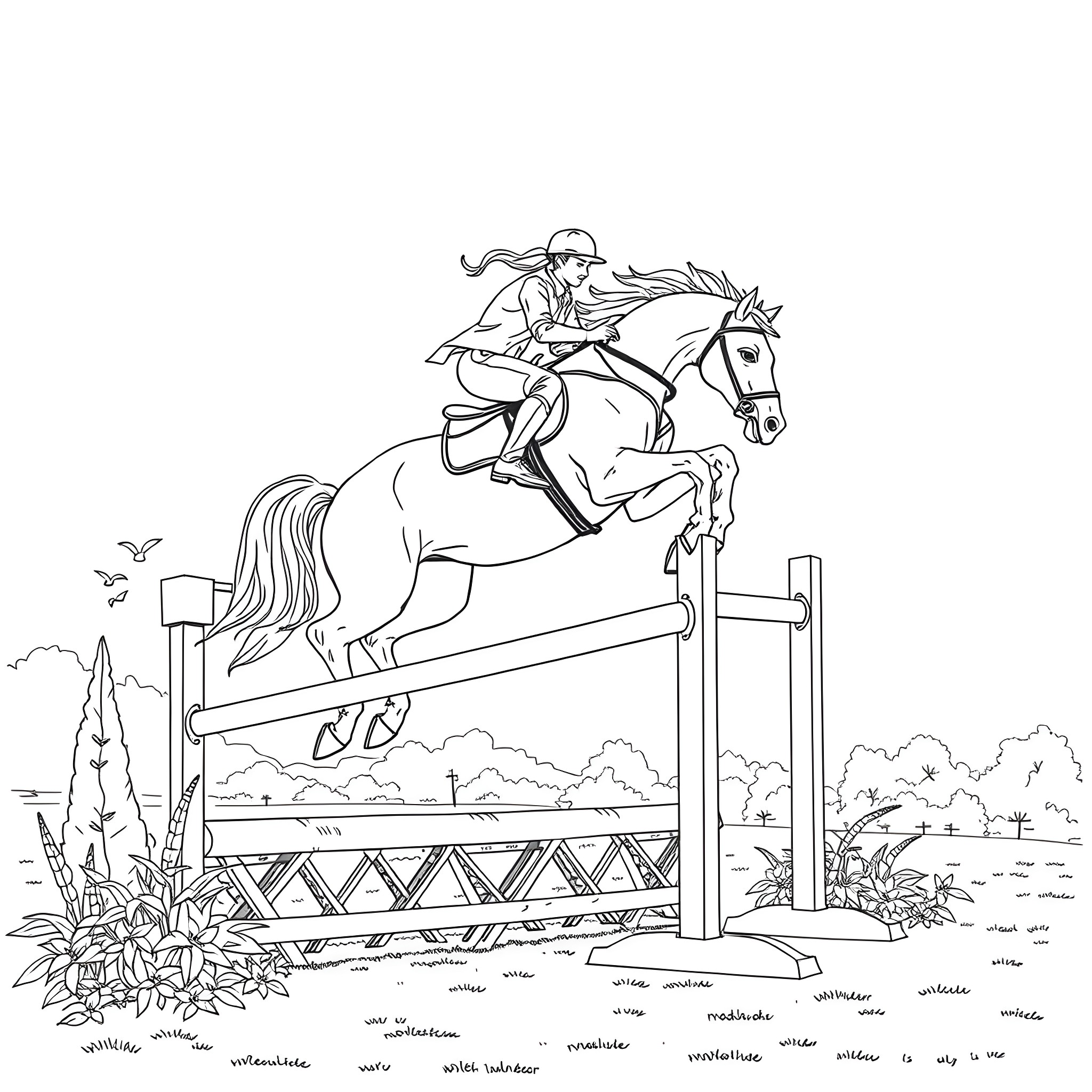 Horse rider jumping over hurdle in the countryside Coloring Page (free black-and-white line drawing printable PDF for all, from beginners to advanced learners, including children, teens, adults, and seniors)