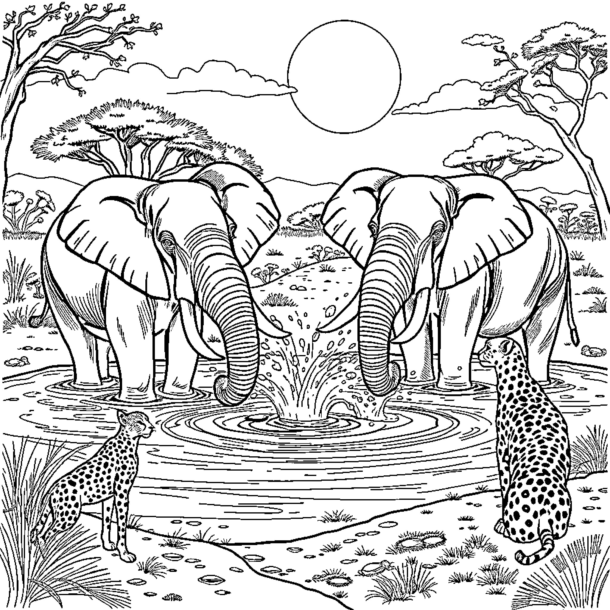 Elephant herd enjoying the watering hole in the African savanna Coloring Page (free black-and-white line drawing printable PDF for all, from beginners to advanced learners, including children, teens, adults, and seniors)