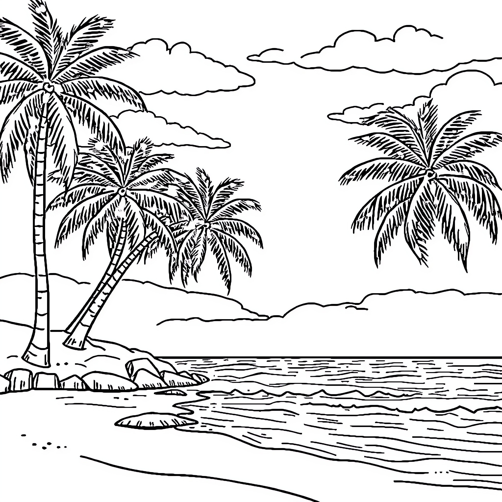 Beach scene with palm trees and clouds Coloring Page (free black-and-white line drawing printable PDF for all, from beginners to advanced learners, including children, teens, adults, and seniors)
