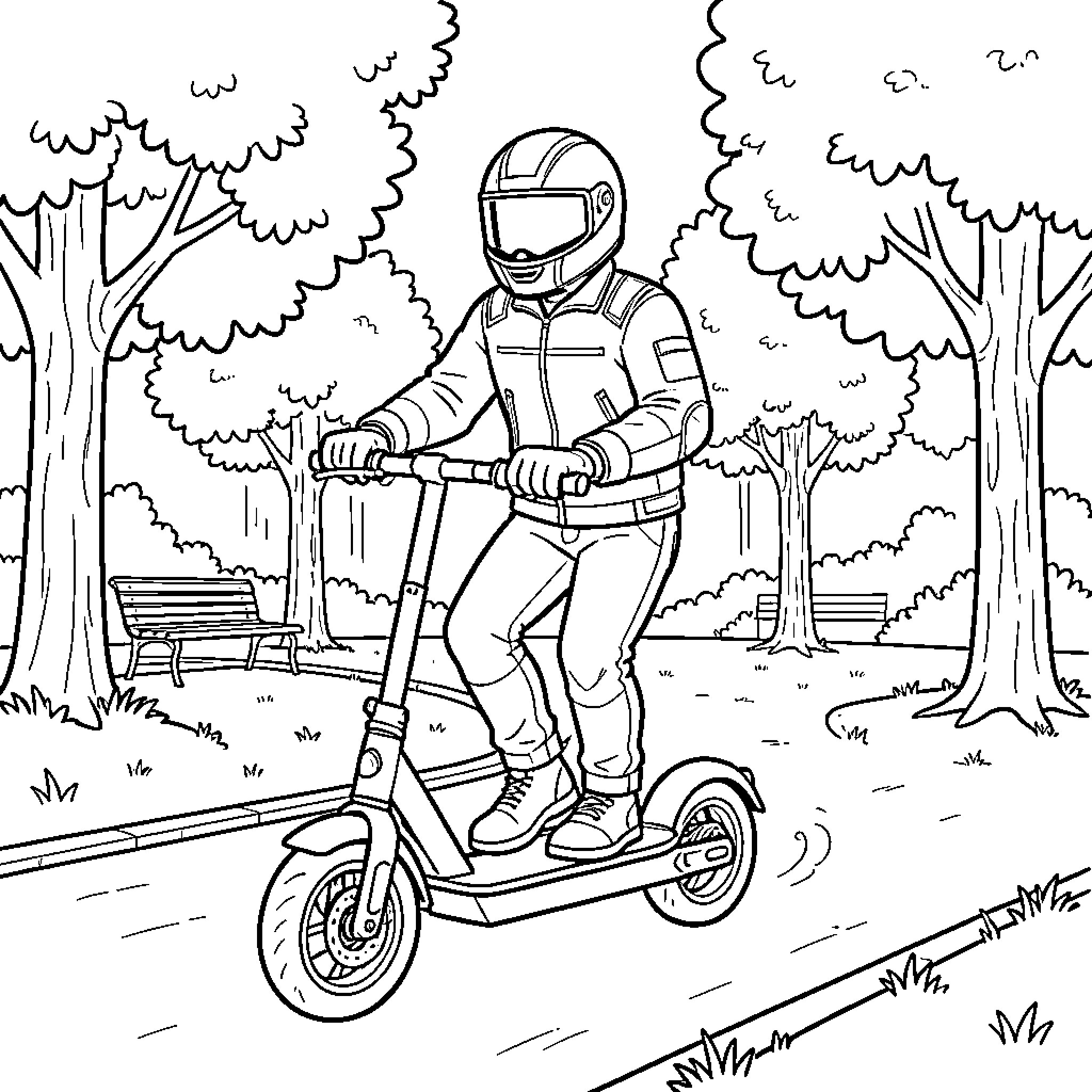 Scooter rider wearing a helmet through a park Coloring Page (free black-and-white line drawing printable PDF for all, from beginners to advanced learners, including children, teens, adults, and seniors)