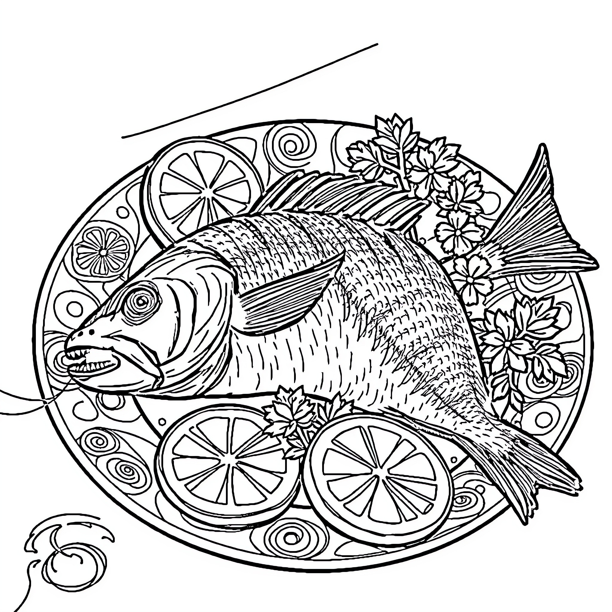 Mackerel surrounded by vibrant floral and citrus elements Coloring Page (free black-and-white line drawing printable PDF for all, from beginners to advanced learners, including children, teens, adults, and seniors)